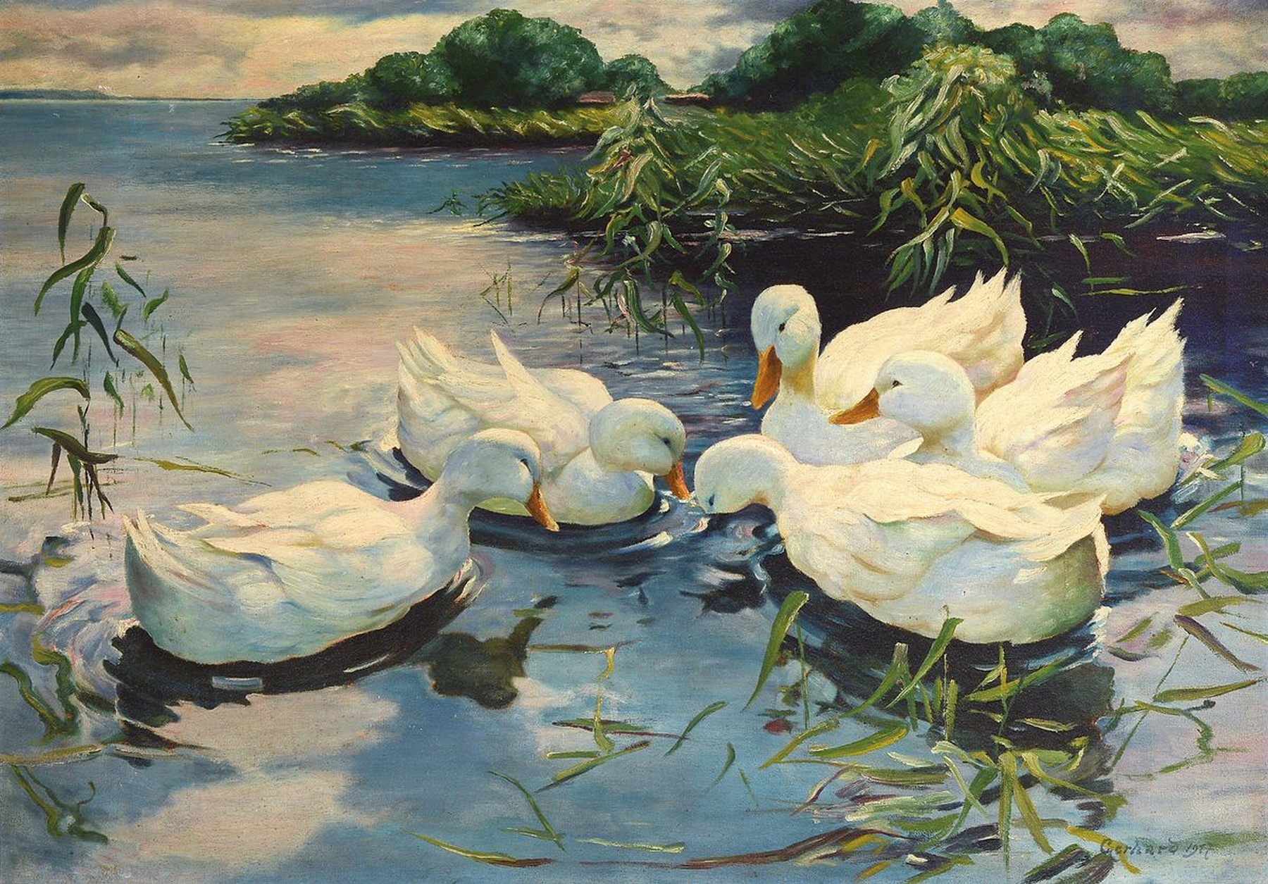 Ernst Gerhard, 1867-1948, 5 Enten auf dem Teich, Öl/Lwd, rechts unten signiert, ca. 64x 94cm, R. ca. 78x108cm