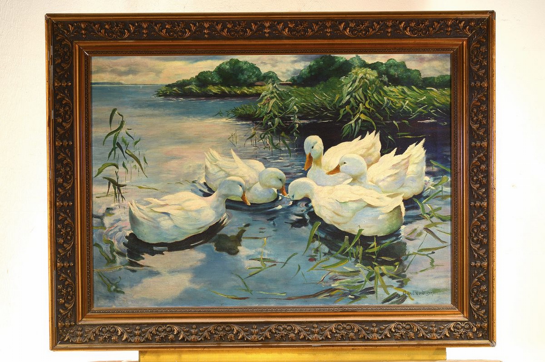 Detail k: Ernst Gerhard, 1867-1948, 5 Enten auf dem Teich, Öl/Lwd, rechts unten signiert, ca. 64x 94cm, R. ca. 78x108cm