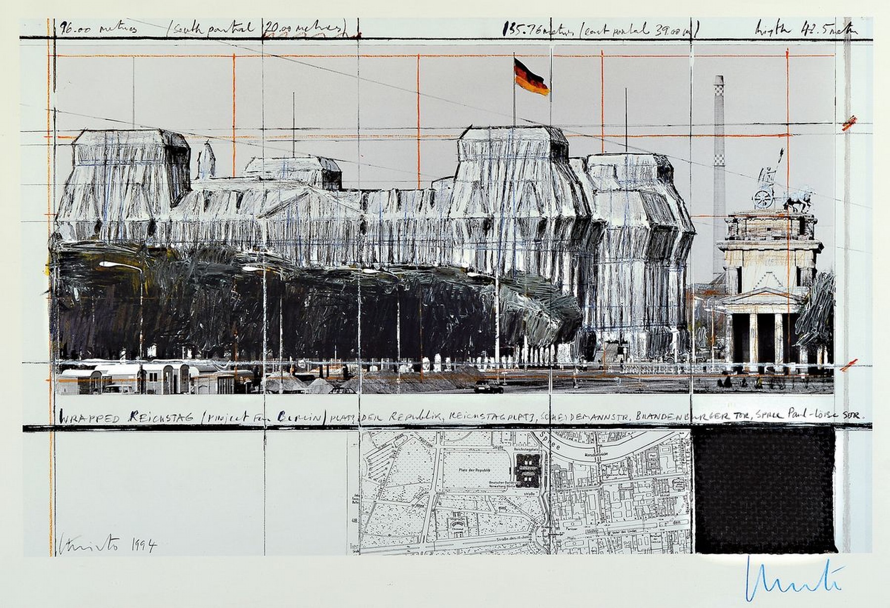 Christo und Jeanne-Claude, Wrapped Reichstag, Farboffset mit Stoffprobe von 1994, handsigniert, ca. 35x56cm, PP, u.Gl., R. ca. 54x74cm