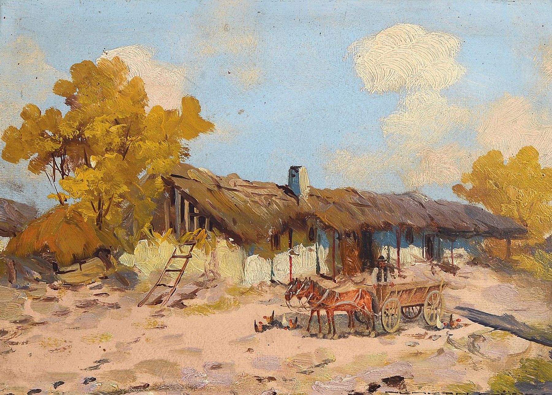 György Nemeth, 1890-1962, Ungarn, Sommerliche Landschaft in Ungarn, Öl/Malkarton, rechts unten signiert, ca. 25x 35cm, ca. 37x47cm, Rahmen besch.