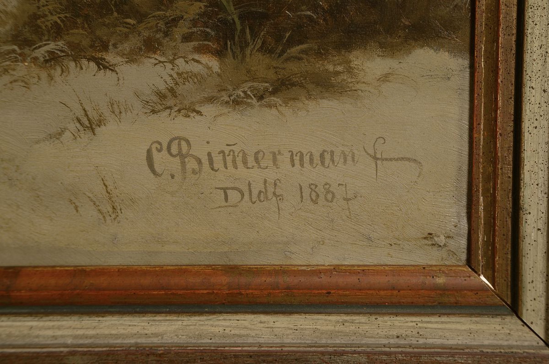 Detail a: Caesar Bimmermann, 1821 Eupen-1890 Düsseldorf, Schüler des Barend Cornelis Koekkoek, hier: erlegter Hirsch im verschneiten Wald, Öl/Lwd, rechts ...