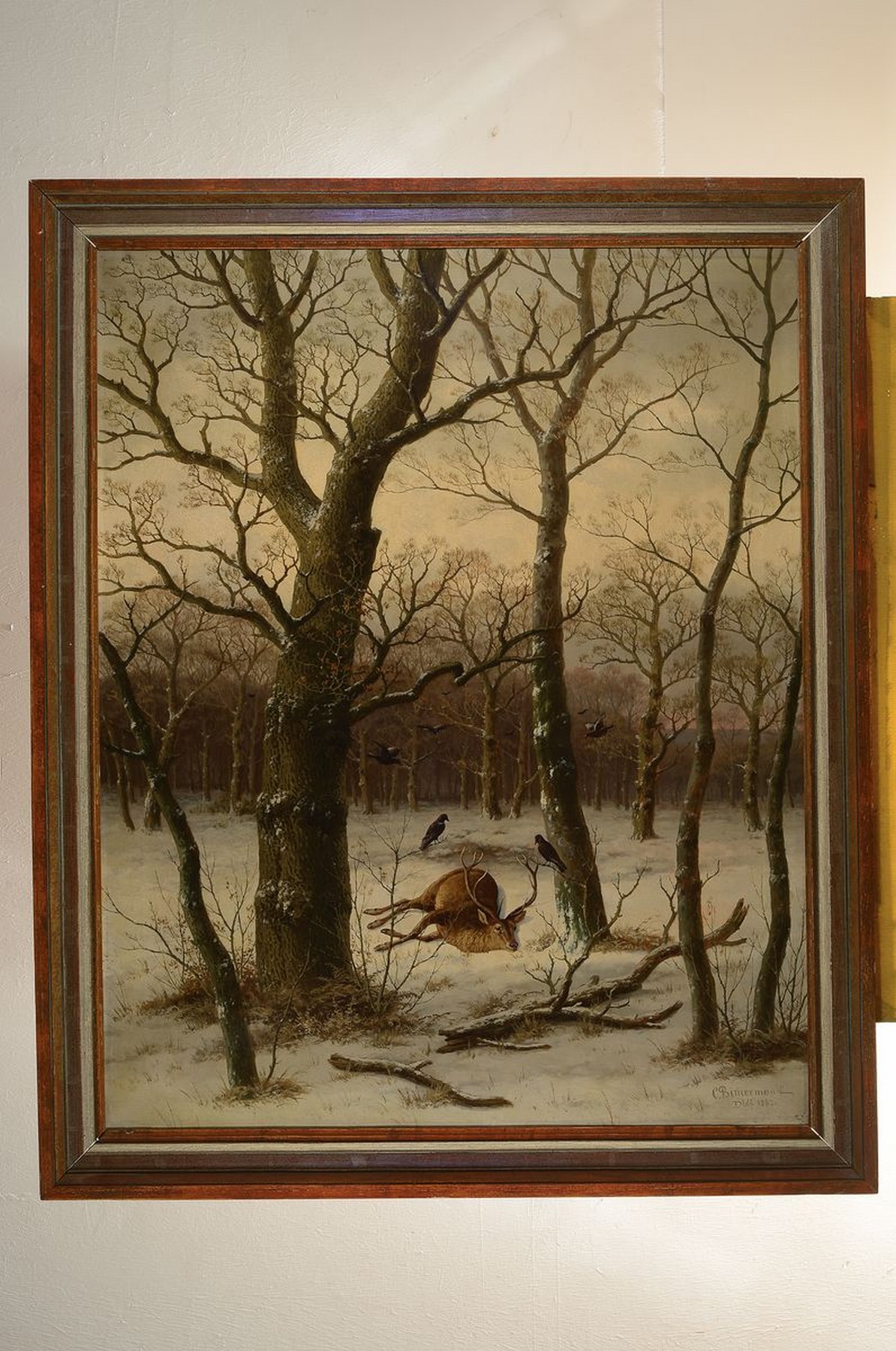 Detail k: Caesar Bimmermann, 1821 Eupen-1890 Düsseldorf, Schüler des Barend Cornelis Koekkoek, hier: erlegter Hirsch im verschneiten Wald, Öl/Lwd, rechts ...