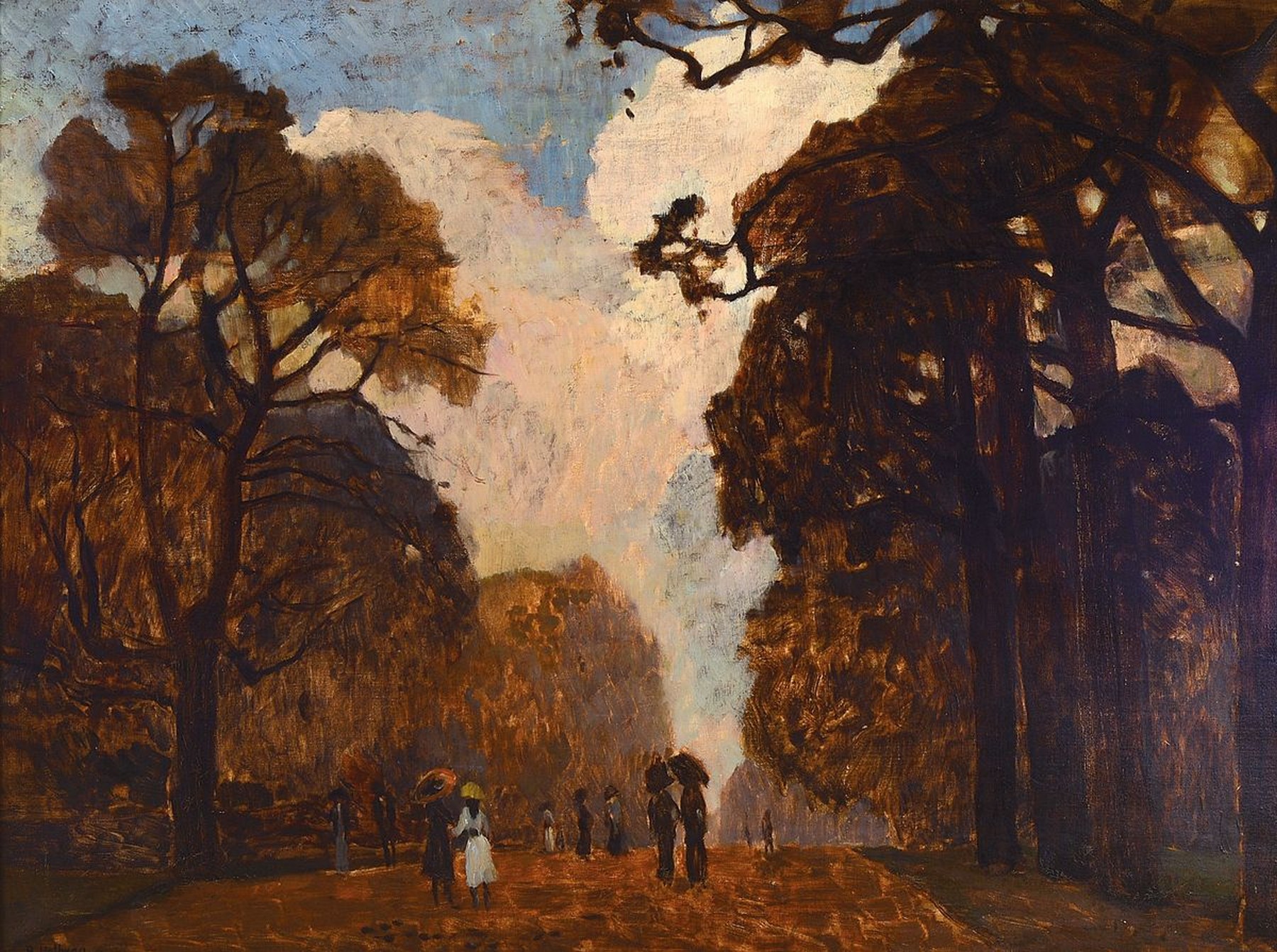 Rudolf Hellwag, 1867 Innsbruck-1942 Berlin, war zwischen 1903-1914 in London ansässig, hier: Personen im herbstlichen Park, Öl/Lwd, links unten ...
