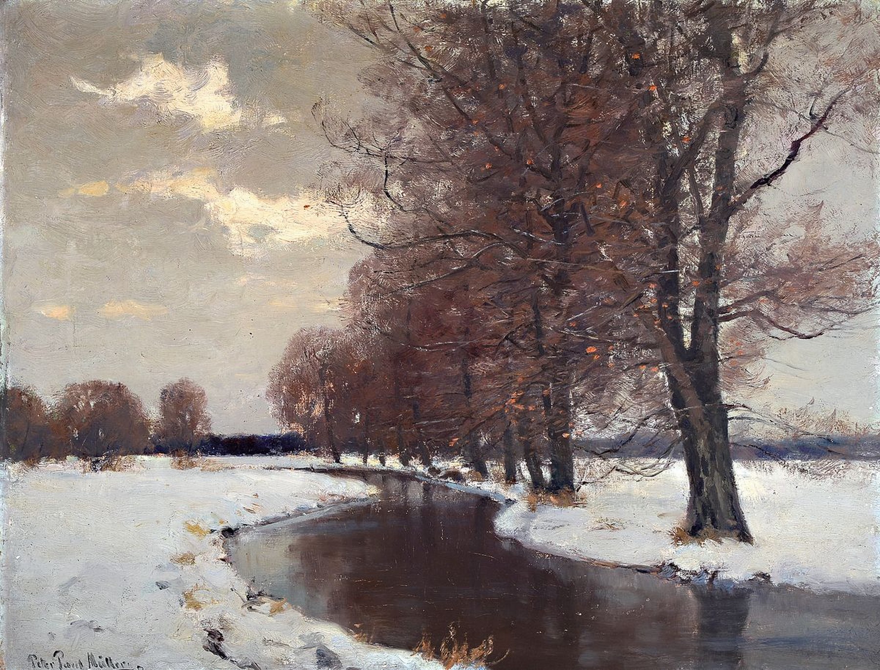 Peter Paul Müller, 1853 Berlin-1930 Gauting, Studium an der Kunstschule Weimar und an der Akademie München, hier: Verschneite Winterlandschaft mit ...