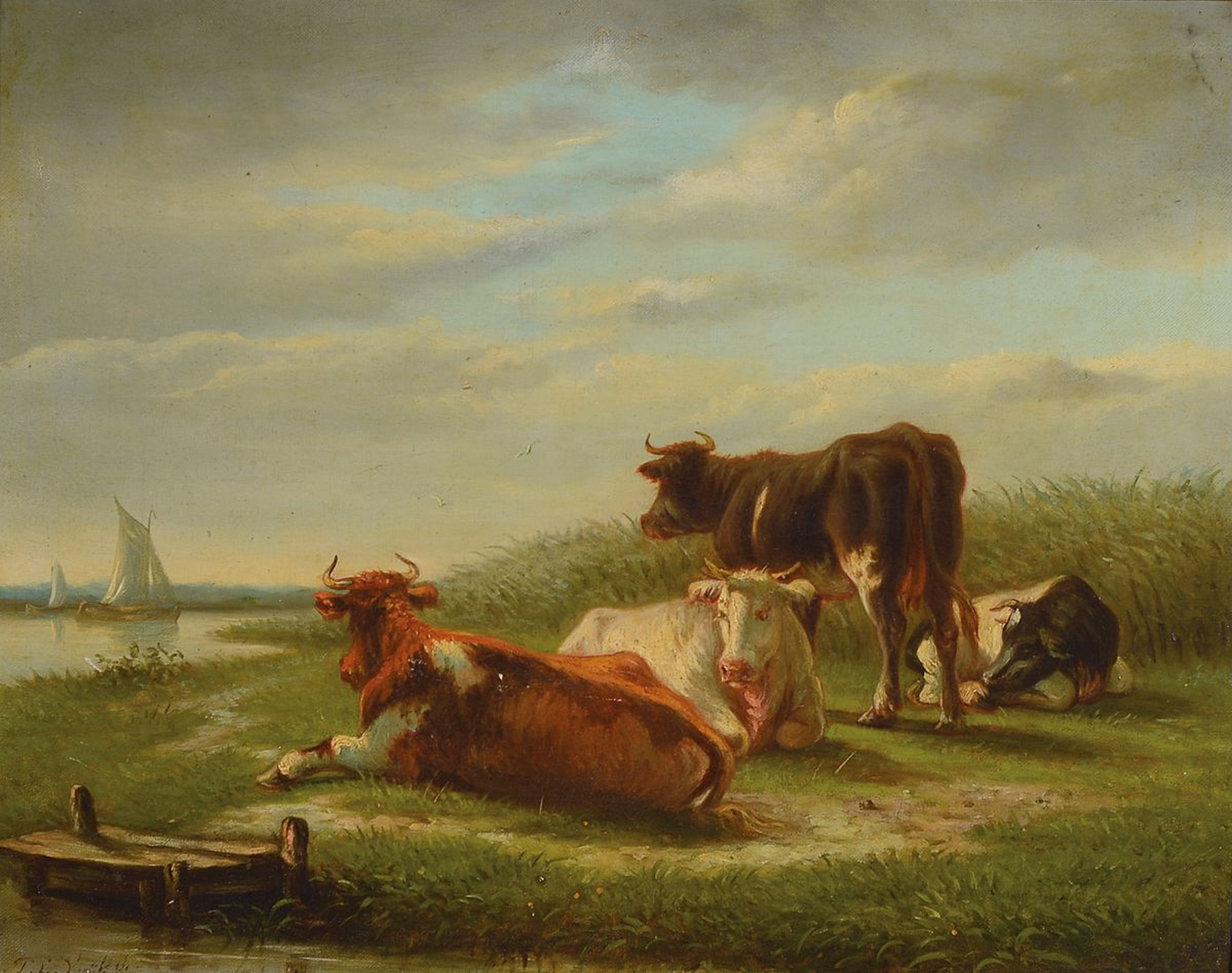 P.L. van Kuyk, niederländischer Maler des 19. Jh., Kühe auf einer Weide am Ufer, Öl/ Malkarton, links unten signiert, ca. 40x50cm, R. ca. 54x64cm