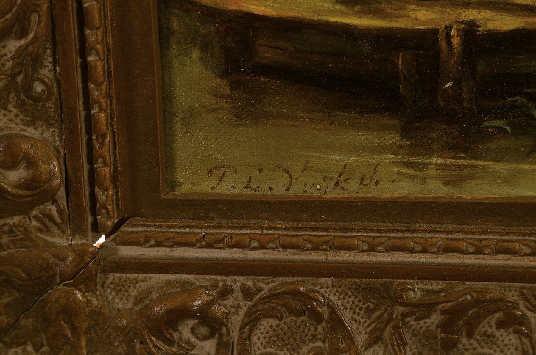 Detail a: P.L. van Kuyk, niederländischer Maler des 19. Jh., Kühe auf einer Weide am Ufer, Öl/ Malkarton, links unten signiert, ca. 40x50cm, R. ca. 54x64cm