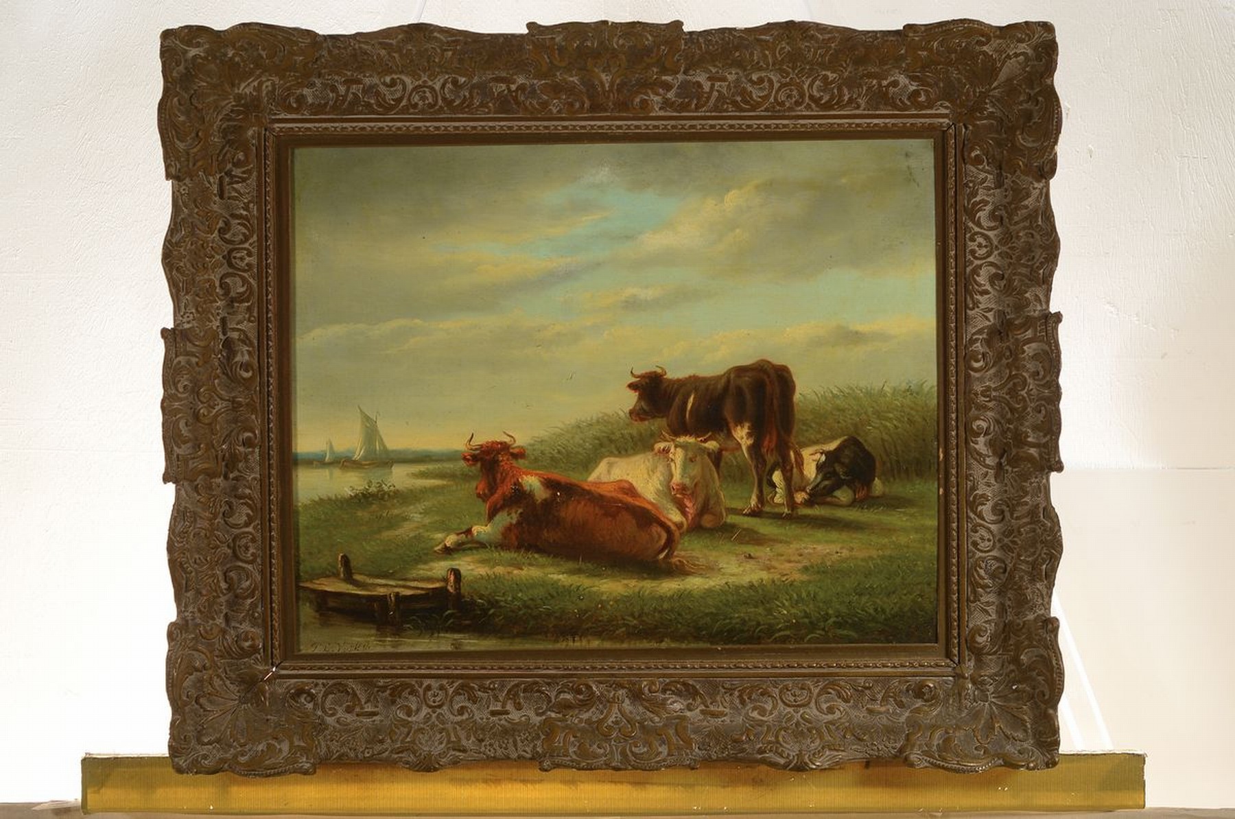 Detail k: P.L. van Kuyk, niederländischer Maler des 19. Jh., Kühe auf einer Weide am Ufer, Öl/ Malkarton, links unten signiert, ca. 40x50cm, R. ca. 54x64cm