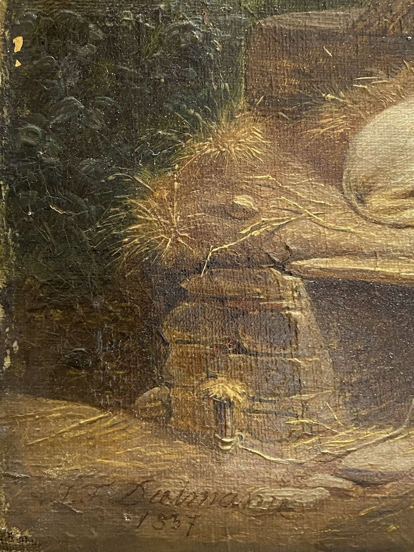 Detail a: Jakob Fürchtegott Dielmann, Mutter mit Kindern vorm Haus, Öl/Lwd, signiert und dat. 1837, ca. 20 x 27.5 cm