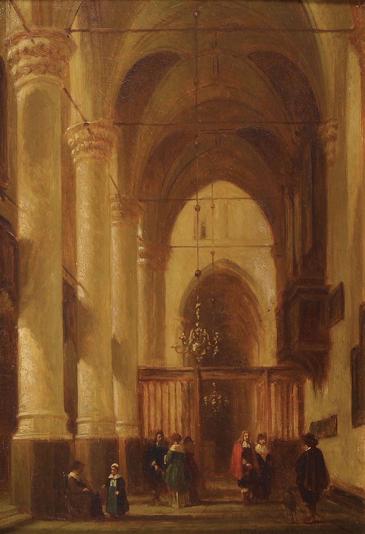 Jean Baptist Tetar van Elven, 1805 - 1879, Kircheninterieur mit Gläubigen, mehrere kleine Personengruppen im Gespräch, feine Malerei, Öl/Mahagoni, ...