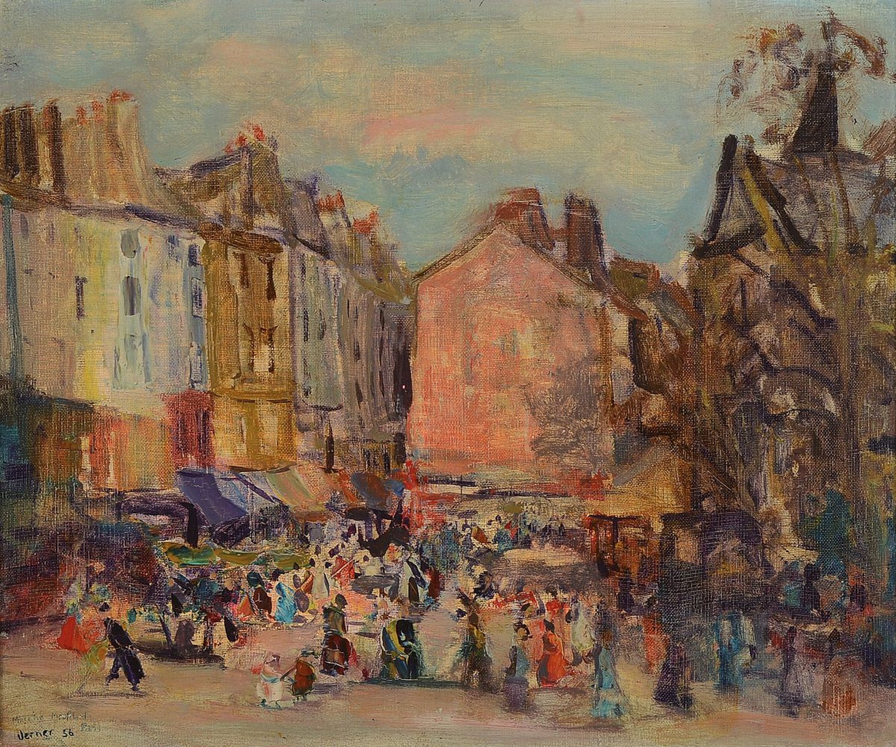 Joseph Werner Baer, Mitte 20. Jh., zwei Ölgemälde: Marktszene und fröhliche Gesellschaft, vielfigurige Darstellungen, Öl/Lwd, signiert und dat. ...