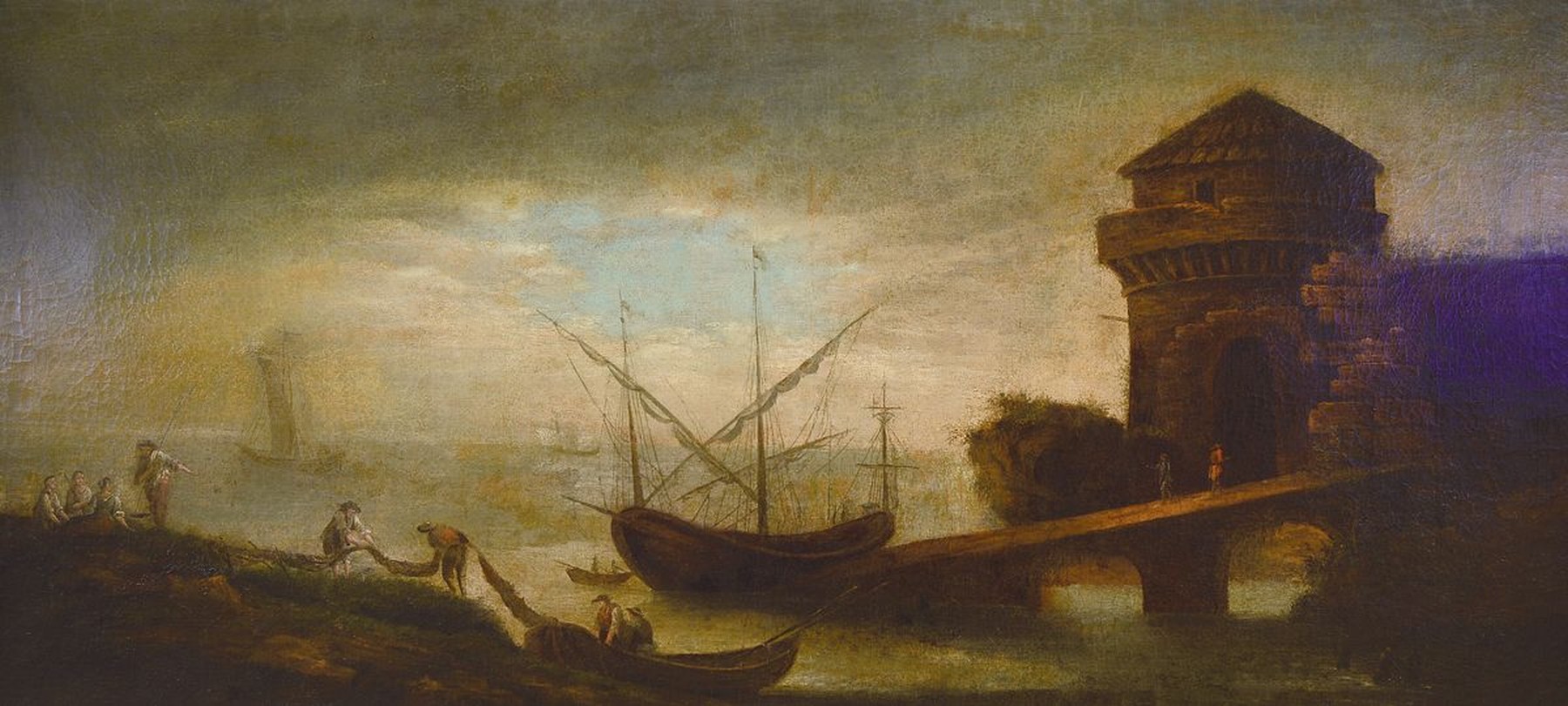 Niederländischer Künstler, um 1680, Hafenansicht mit Hafenarbeitern und Schiffen, dunkle Wolkenformationen am Himmel, lebhaftes Treiben mit ...