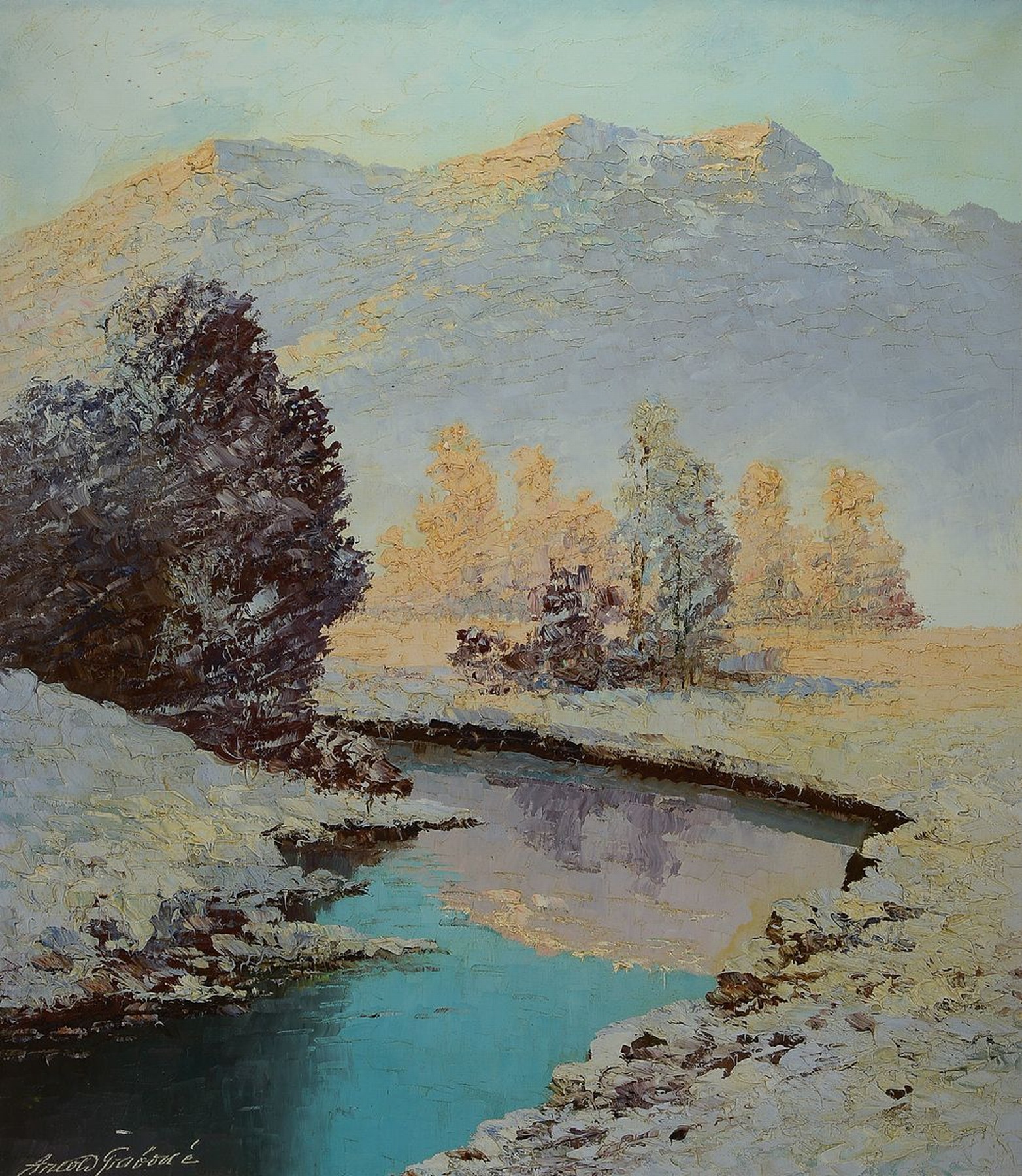 Prof. Arnold Graboné, 1896 - 1982, Wintertag am Bach "Inntal", rückseitig auf Keilrahmen bezeichnet, Öl/Lwd., re. u. signiert, ...