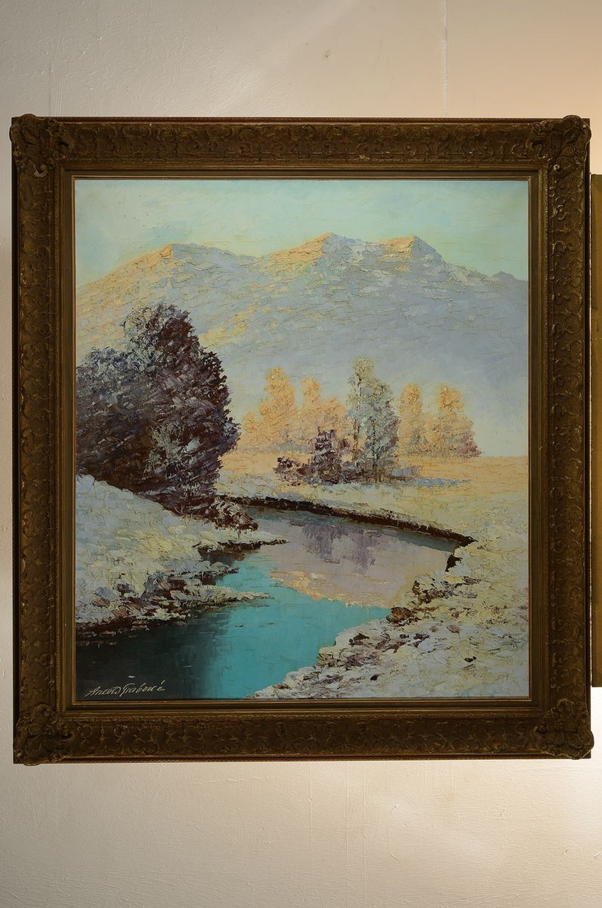 Detail k: Prof. Arnold Graboné, 1896 - 1982, Wintertag am Bach "Inntal", rückseitig auf Keilrahmen bezeichnet, Öl/Lwd., re. u. signiert, ...