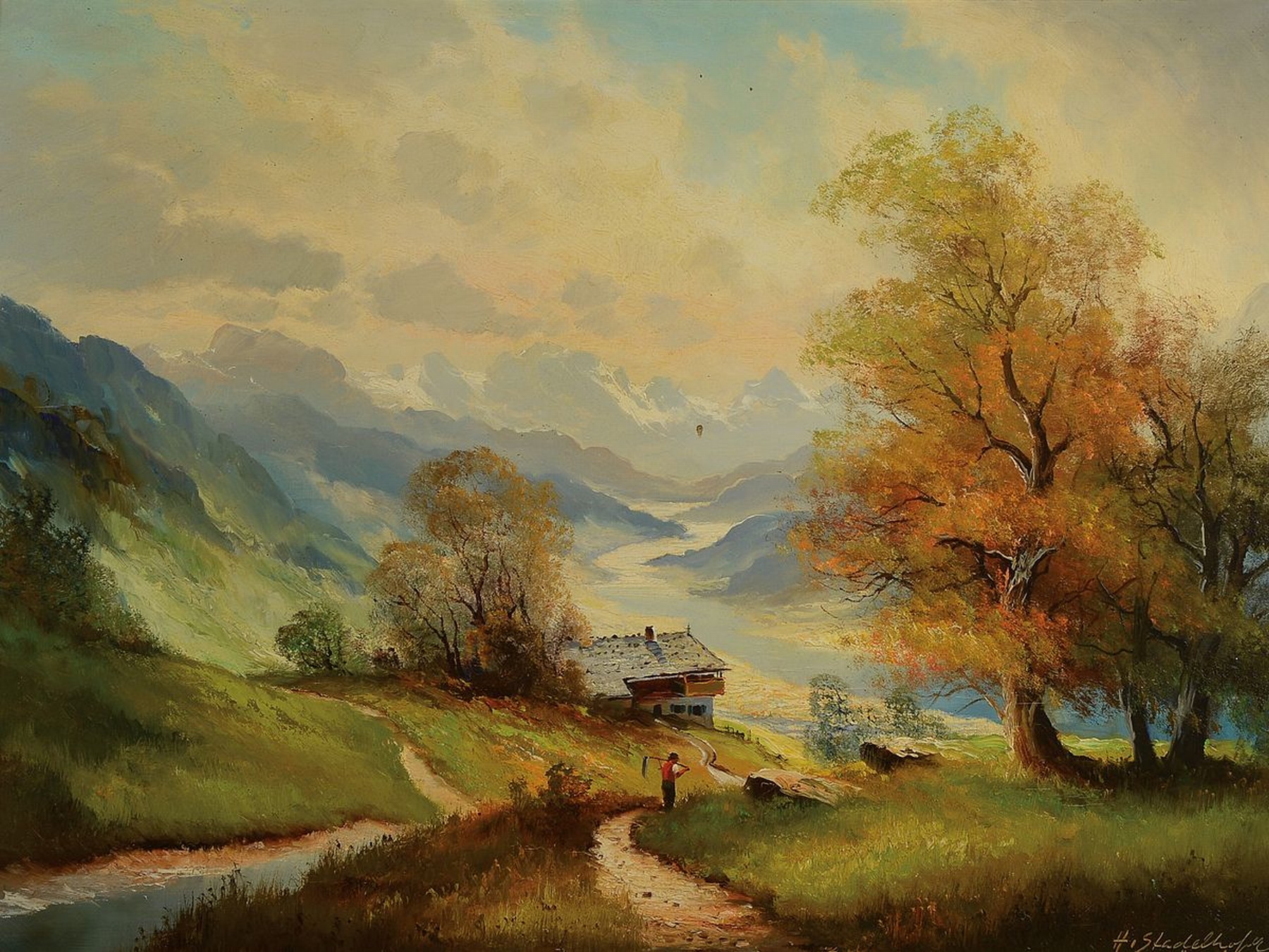 Helmut Stadelhofer, 1914 Konstanz - 1979 München, Landschaft im Inntal bei Kufstein, so rückseitig mit Bleistift bezeichnet, Öl/Lwd, signiert, ...