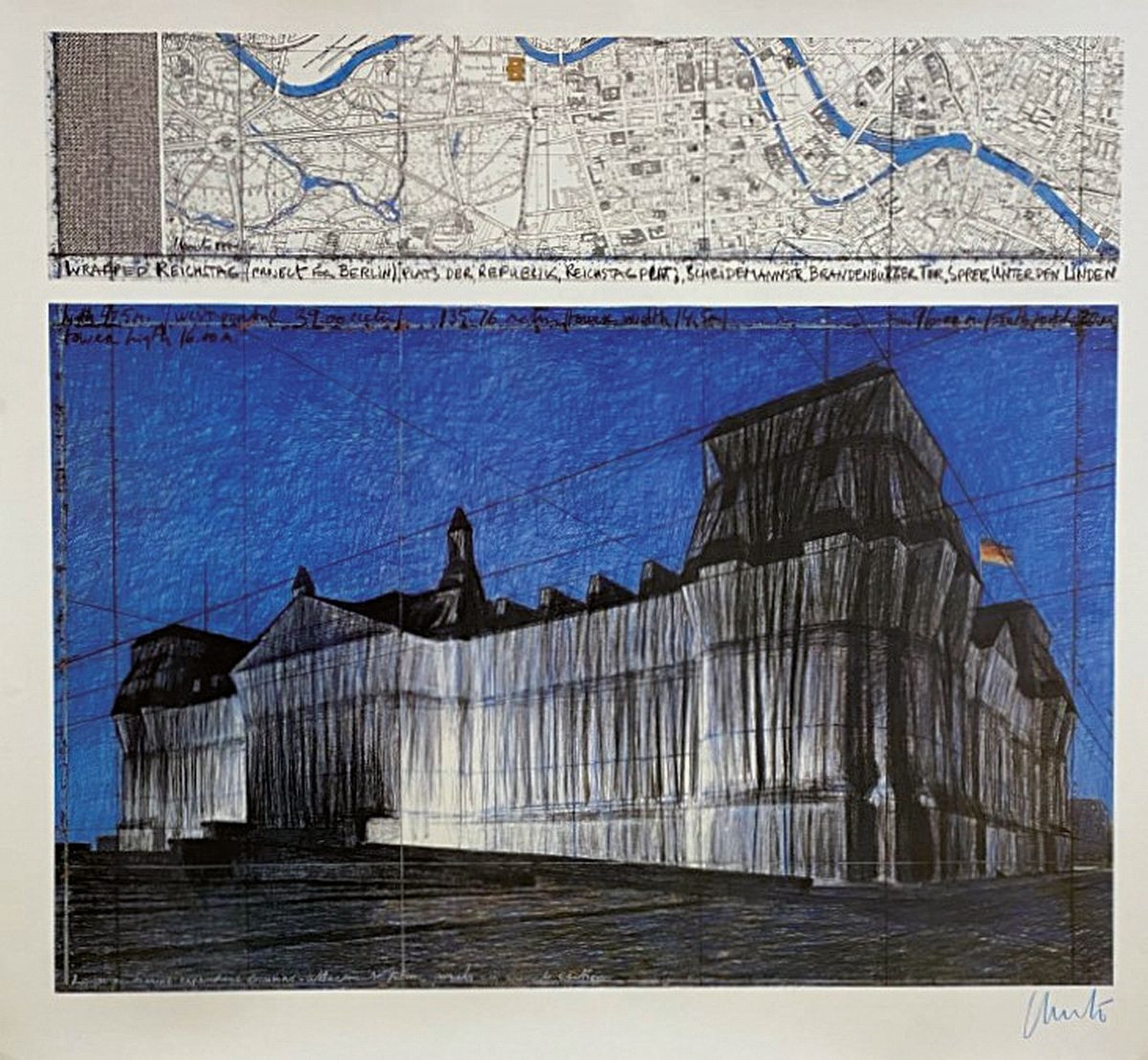 Detail k: Christo und Jeanne-Claude, Wrapped Reichstag, Farboffset, handsigniert, ca. 110x99 cm