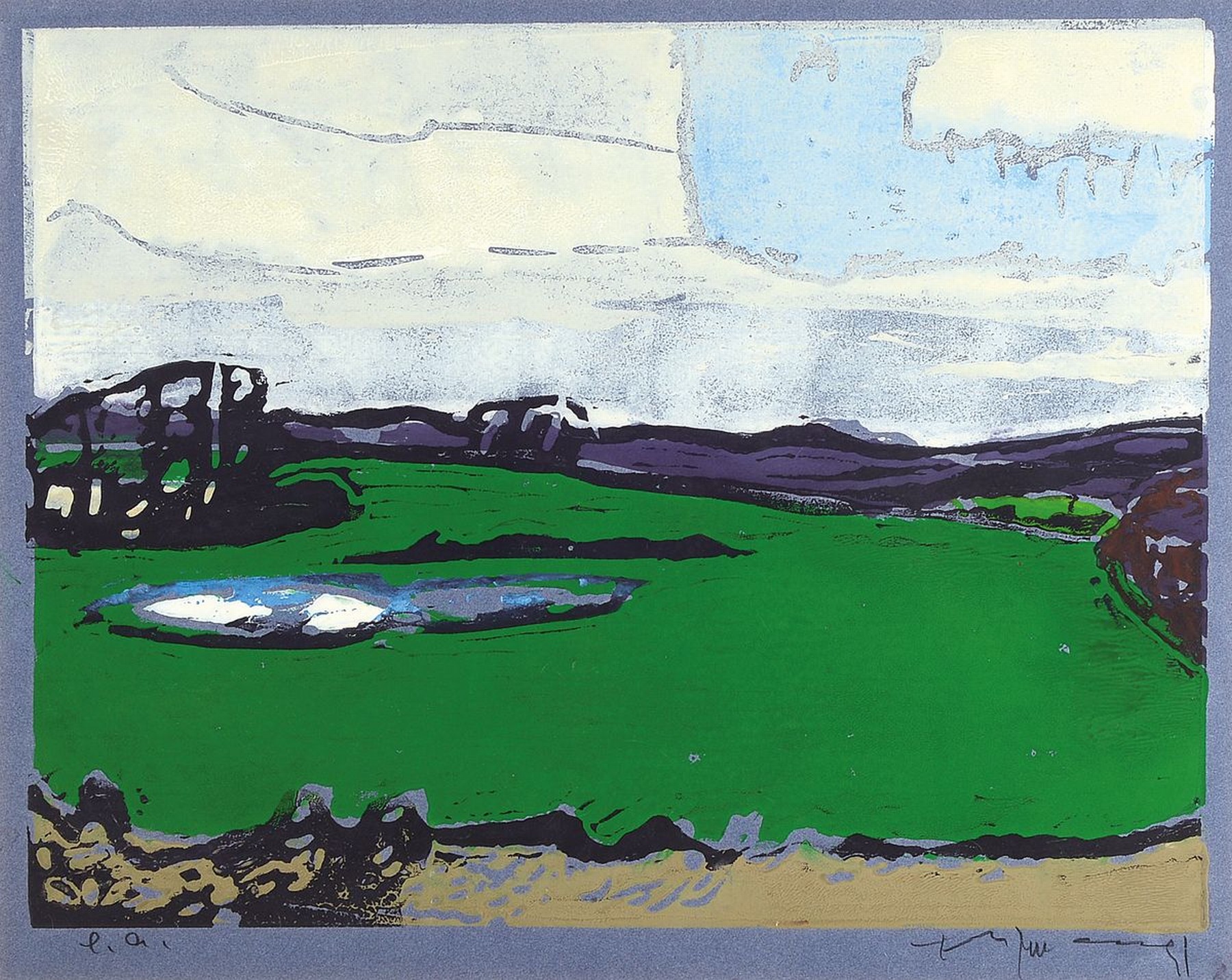 Klaus Fußmann, geb. 1938 Velbert, Farblinolschnitt, Weite Landschaft, handsigniert, bez. e.a., ca. 42x56cm, PP, u.Gl., R. ca. 80x90cm