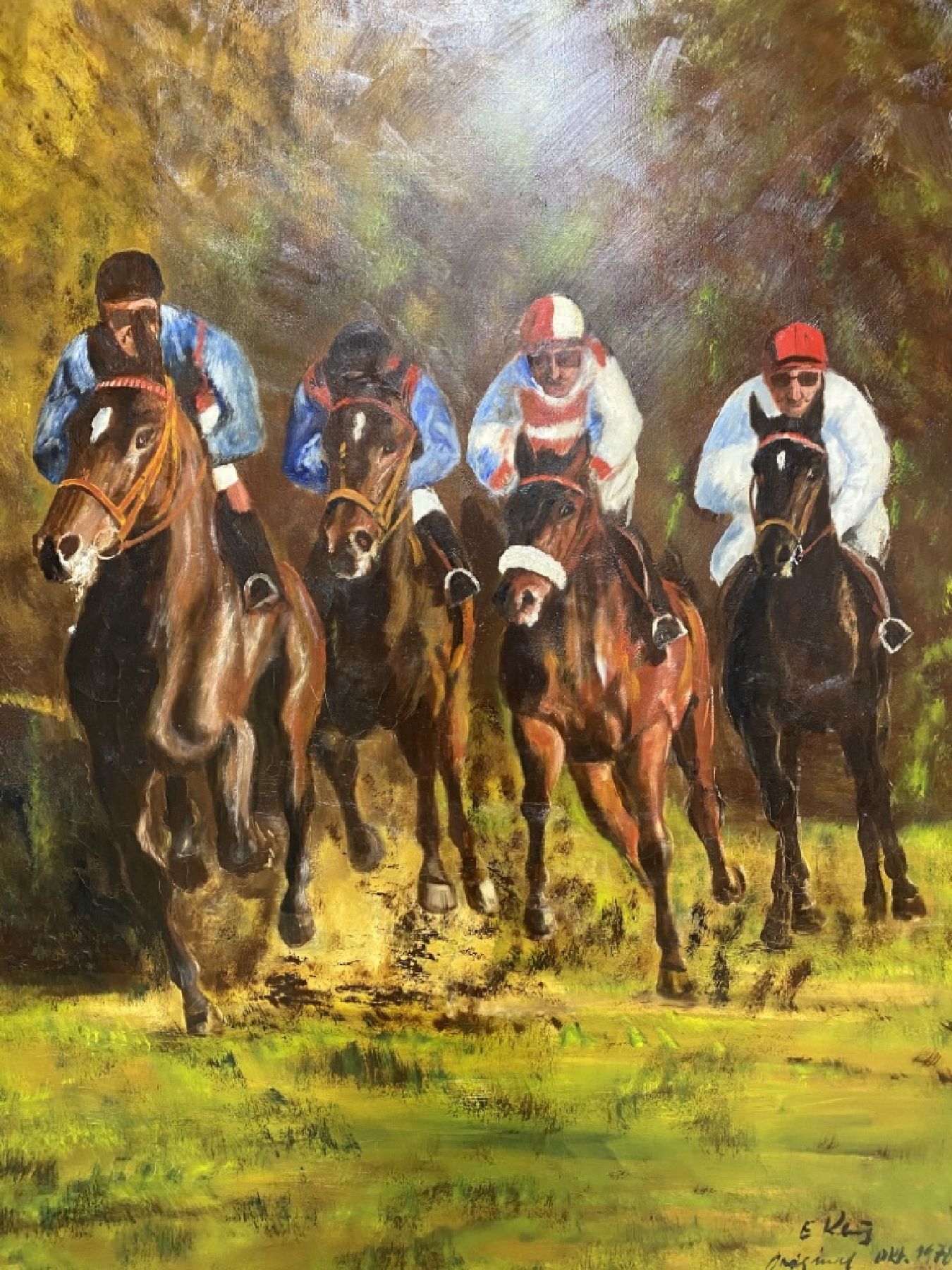 Detail b: Eduard Klug, 1924 Deidesheim, Pferderennen, vier galoppierende Rennpferde, Öl/Lwd, großformatige Darstellung, re. unten signiert, 150 x 120 cm, ...