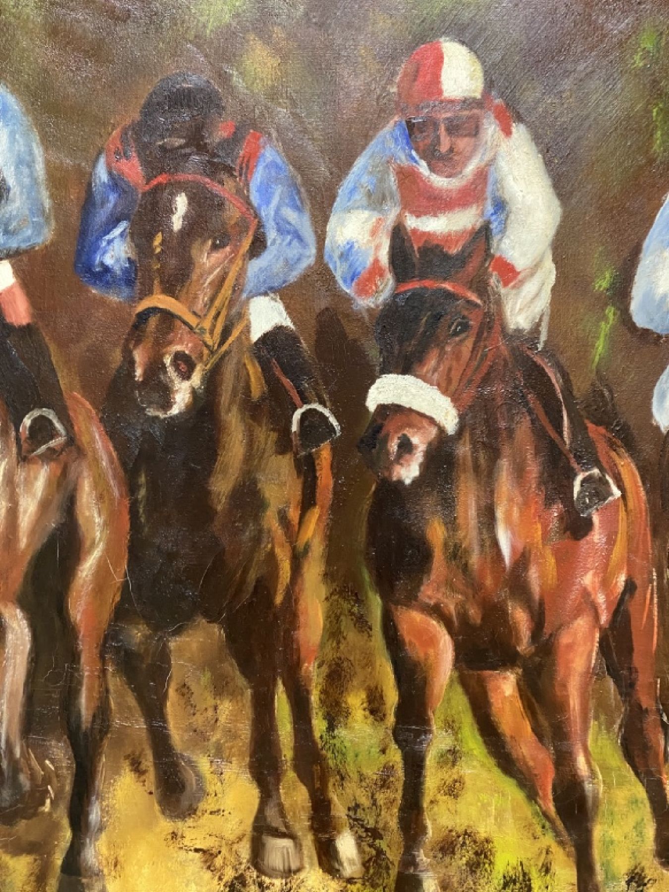Detail c: Eduard Klug, 1924 Deidesheim, Pferderennen, vier galoppierende Rennpferde, Öl/Lwd, großformatige Darstellung, re. unten signiert, 150 x 120 cm, ...