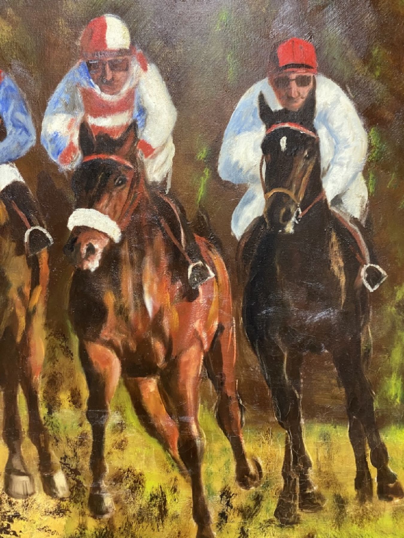 Detail d: Eduard Klug, 1924 Deidesheim, Pferderennen, vier galoppierende Rennpferde, Öl/Lwd, großformatige Darstellung, re. unten signiert, 150 x 120 cm, ...