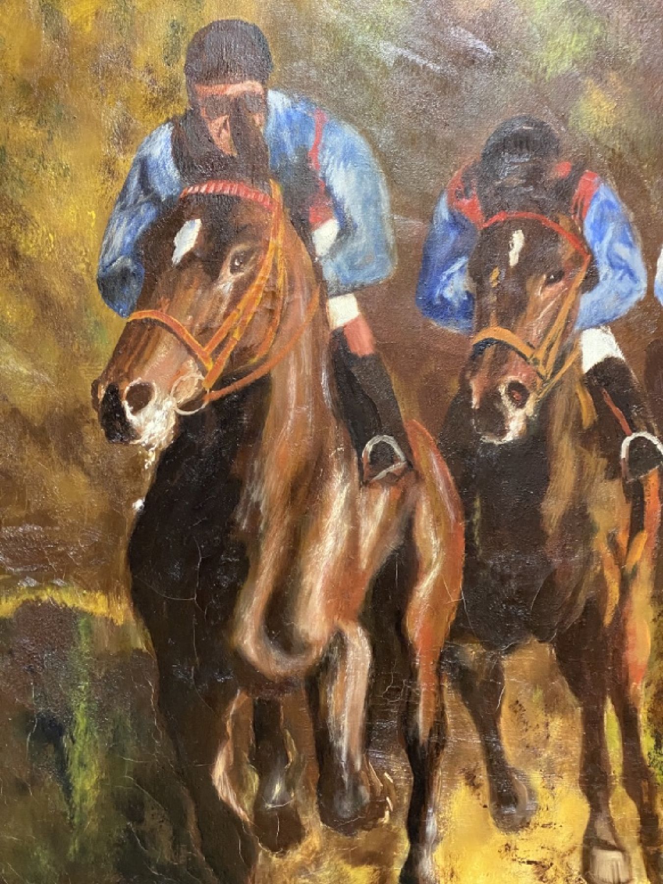 Detail e: Eduard Klug, 1924 Deidesheim, Pferderennen, vier galoppierende Rennpferde, Öl/Lwd, großformatige Darstellung, re. unten signiert, 150 x 120 cm, ...