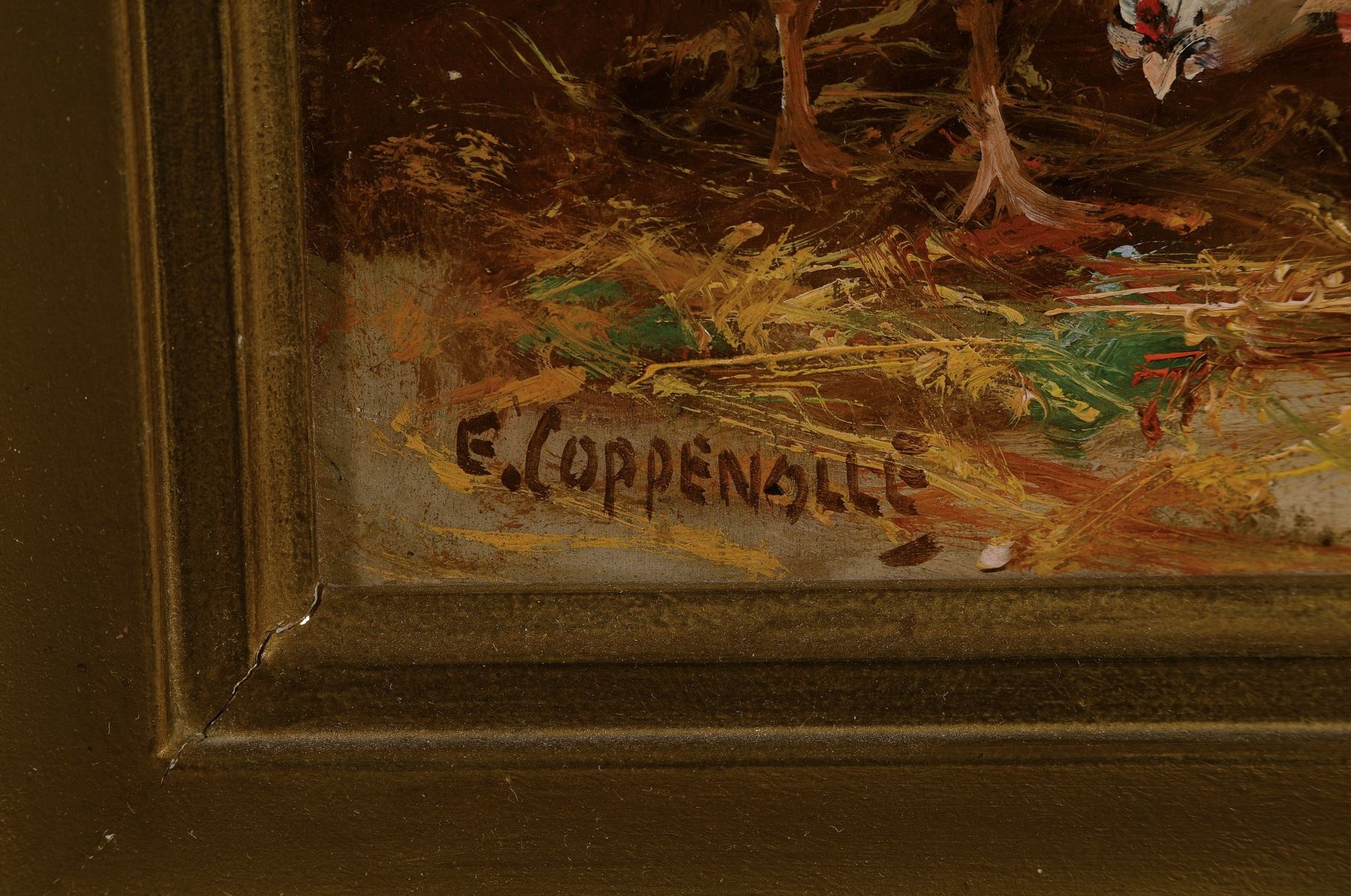 Detail a: Edmond van Coppenolle, 1846 Gent-1914 Chateau-Landon, Hühnerhof, Öl/Holz, li. unten signiert, ca. 24x18 cm, R. 39x34 cm