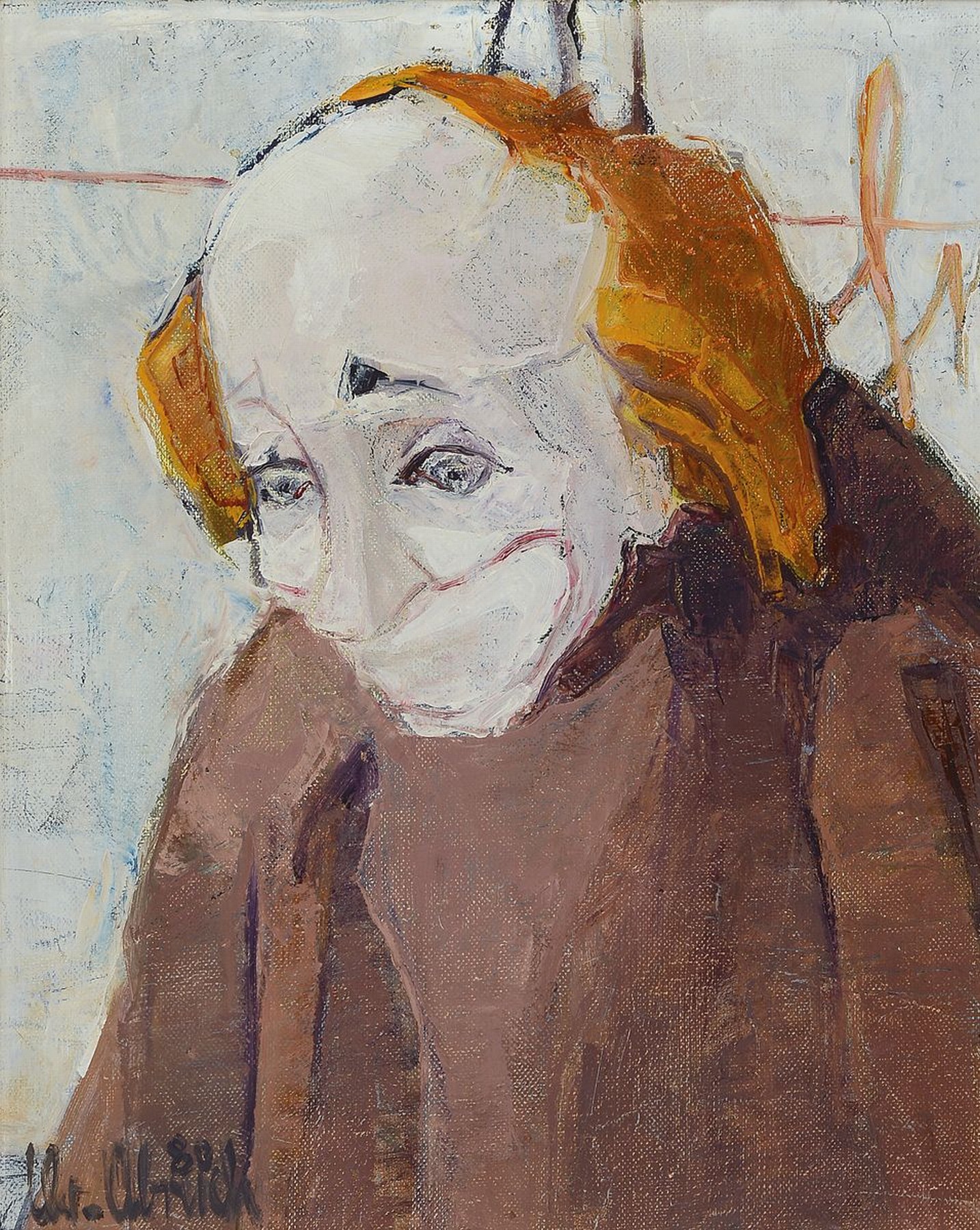 Christel Abresch, 1931 Sulzbach-2011 Neustadt/Weinstr., Porträt eines Clowns, Öl/Lwd, signiert und dat. 80, ca. 30x24cm, R. ca. 38x32cm