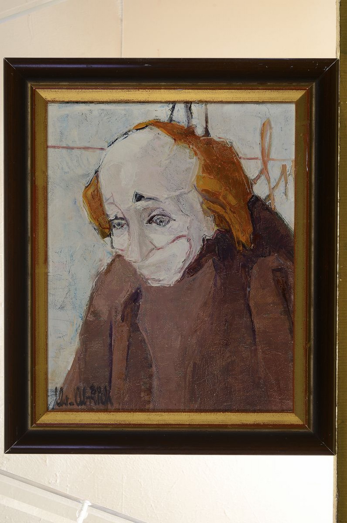 Detail k: Christel Abresch, 1931 Sulzbach-2011 Neustadt/Weinstr., Porträt eines Clowns, Öl/Lwd, signiert und dat. 80, ca. 30x24cm, R. ca. 38x32cm