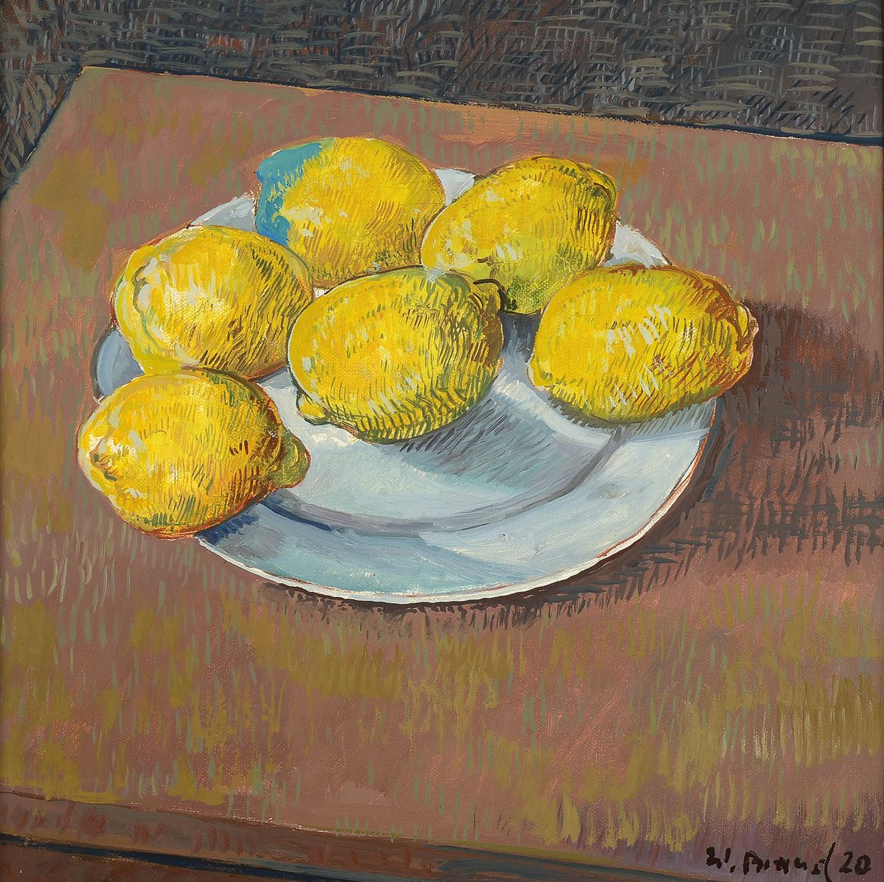 Werner Brand, geb. 1933, Stillleben mit Zitronen, Öl/Lwd, signiert und dat. 20, ca. 40x40cm, R. ca. 44x44cm