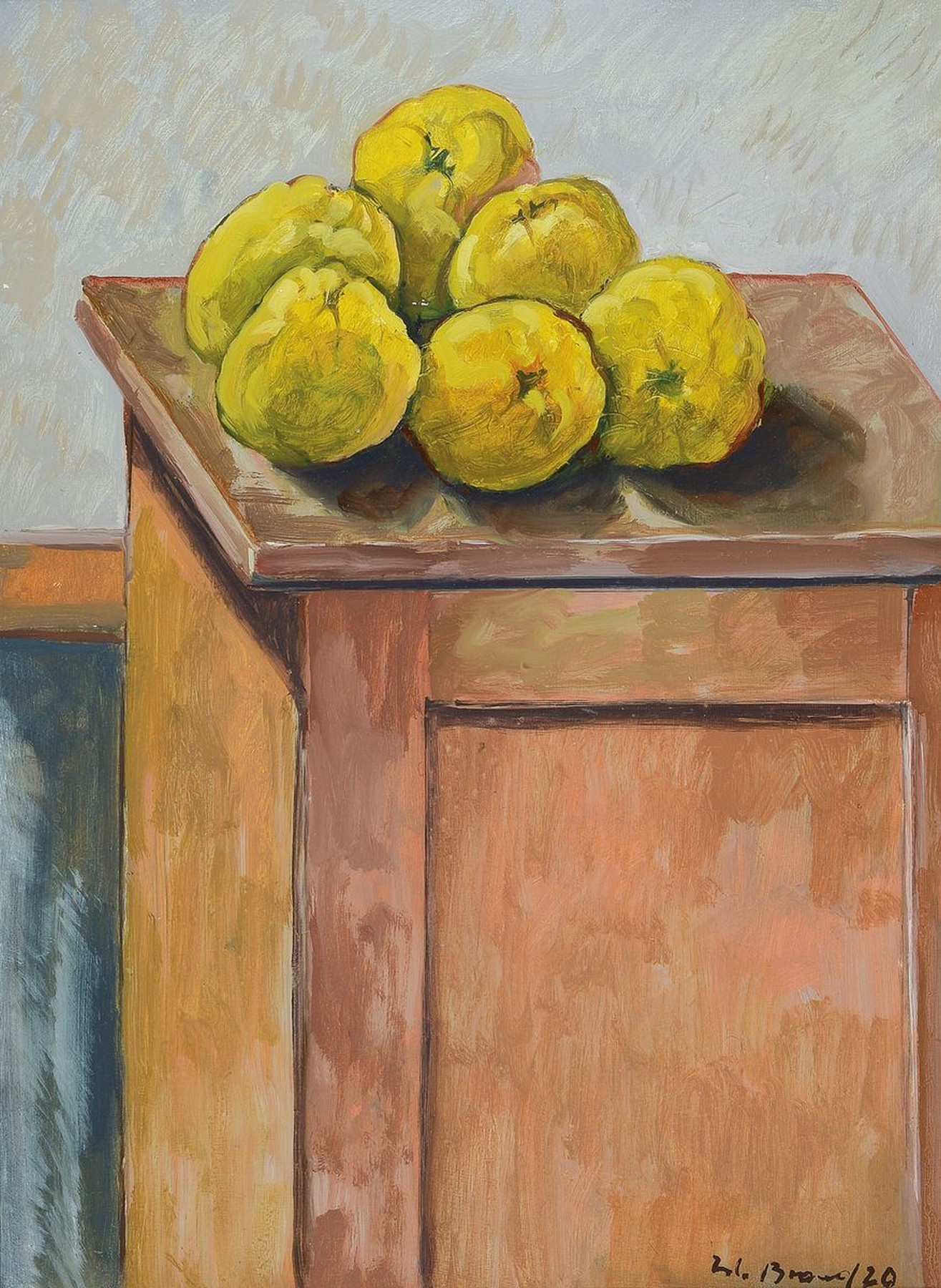 Werner Brand, geb. 1933, Stillleben mit Quitten, Öl/Holz, signiert und dat. 20, ca. 50x37cm, R. ca. 57x44cm