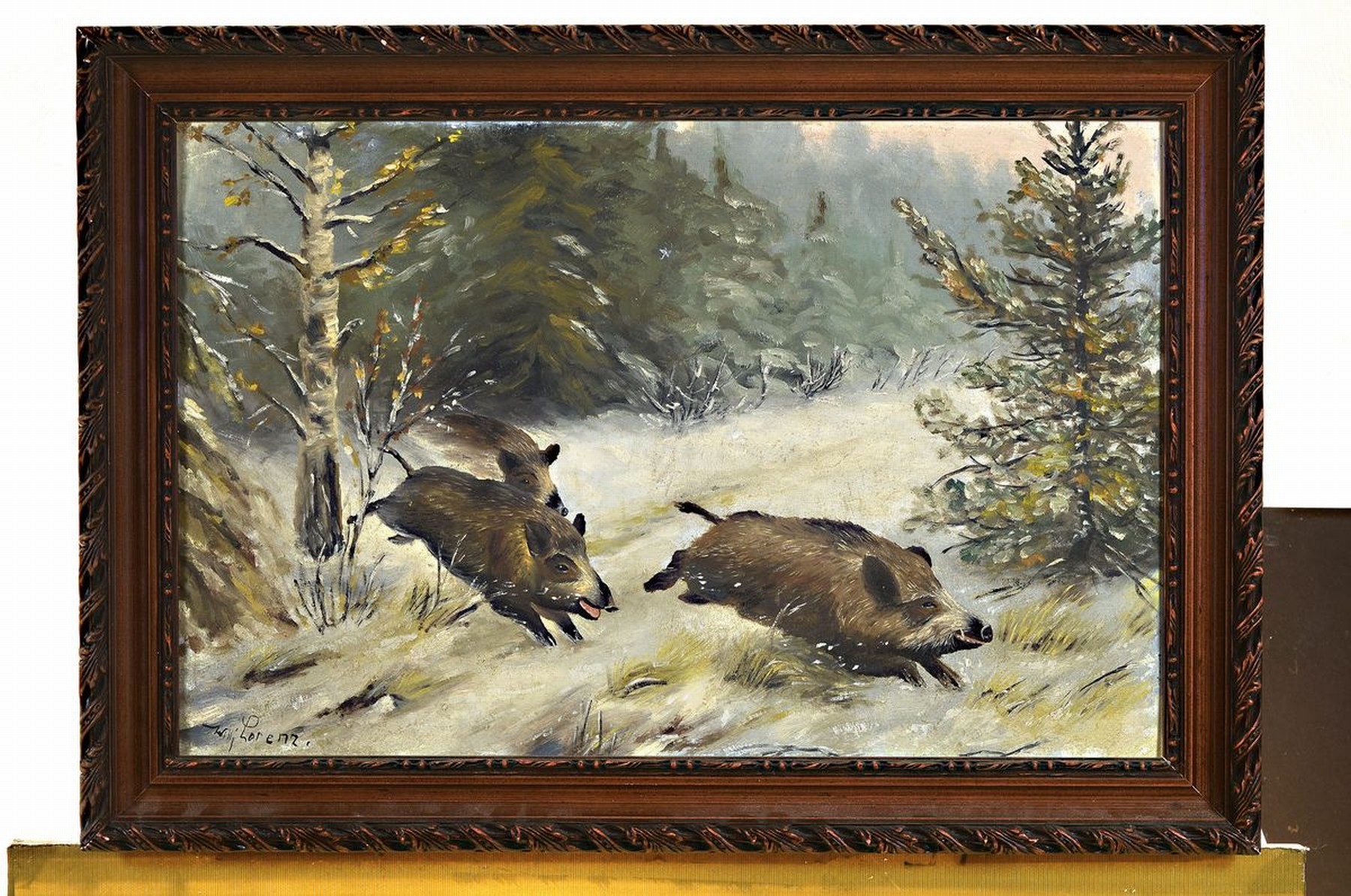 Detail k: Willi Lorenz, 1901 Köln-1981, Wildschweinrotte im verschneiten Wald, Öl/ Malkarton, links unten signiert, ca. 40x60cm, R. ca. 49x69cm