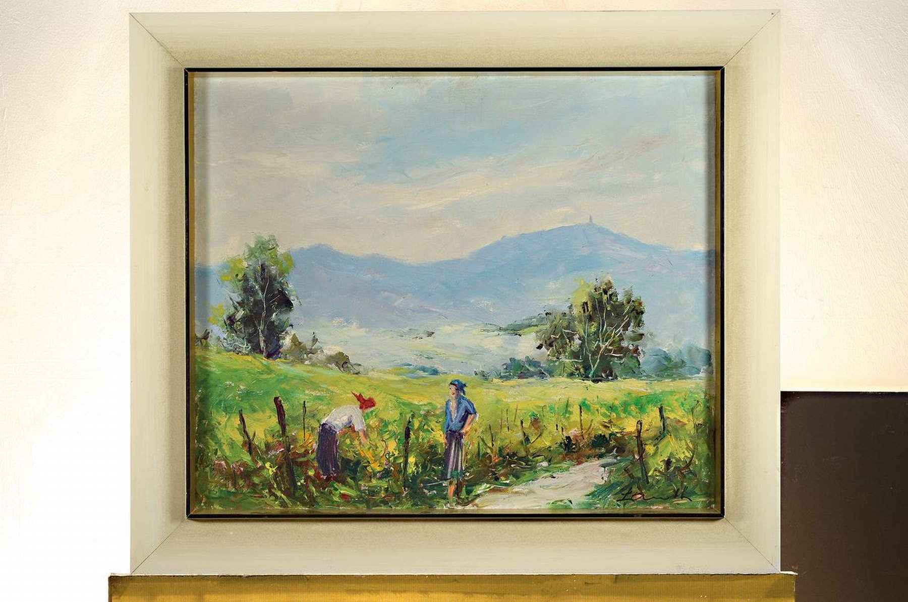 Detail k: Robert Lauth, 1896-1985 Ludwigshafen, Weinleseszene in der Pfalz, im Hintergrund der Peterskopf, Öl/Lwd, rechts unten sign., ca. 50x60cm, R. ca. ...