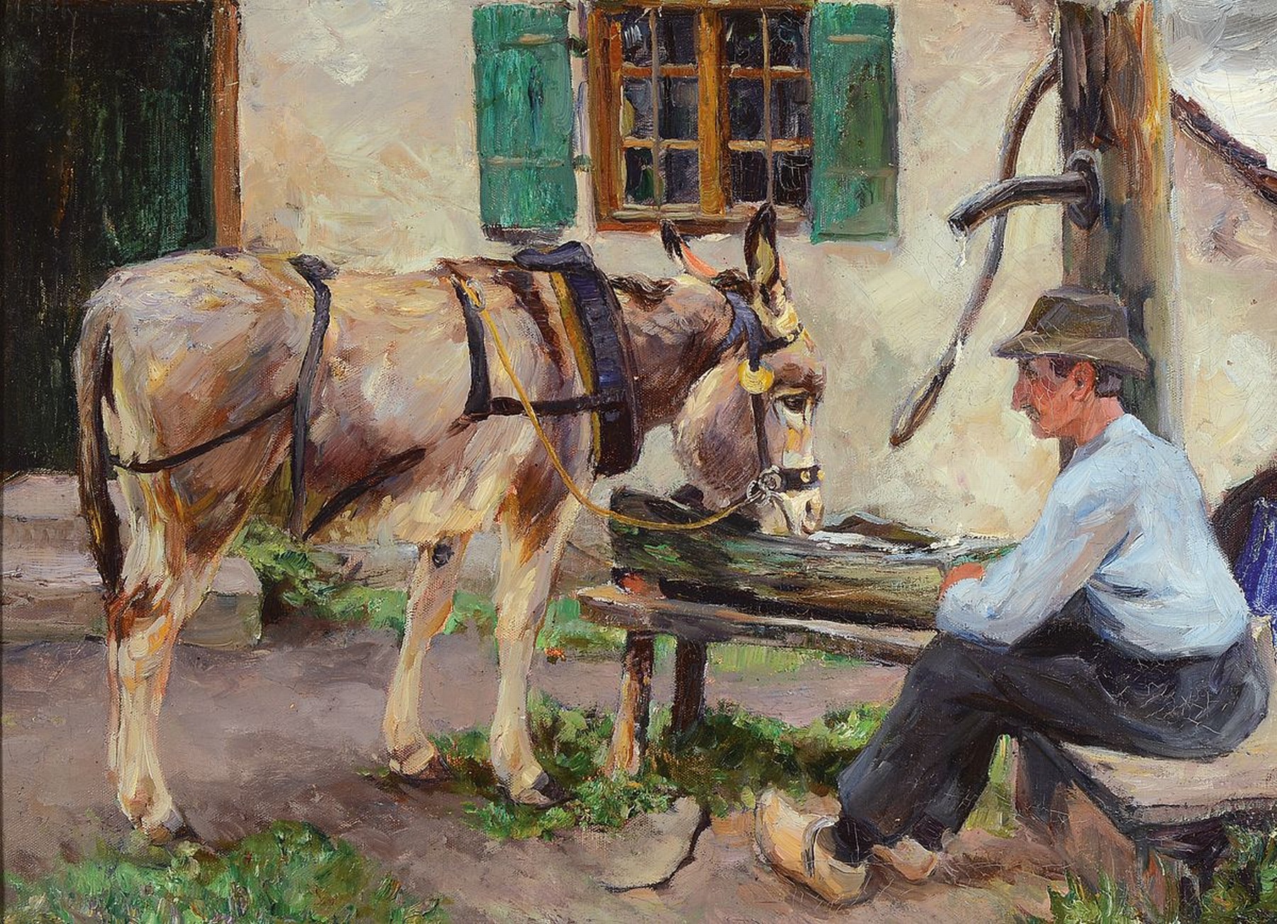 Max Bergmann, 1884 Fürstenberg-1955 Haimhausen, Esel an der Tränke, Öl/Lwd, unsigniert, rückseitig auf altem Etikett bez.: Max Bergmann München, ...