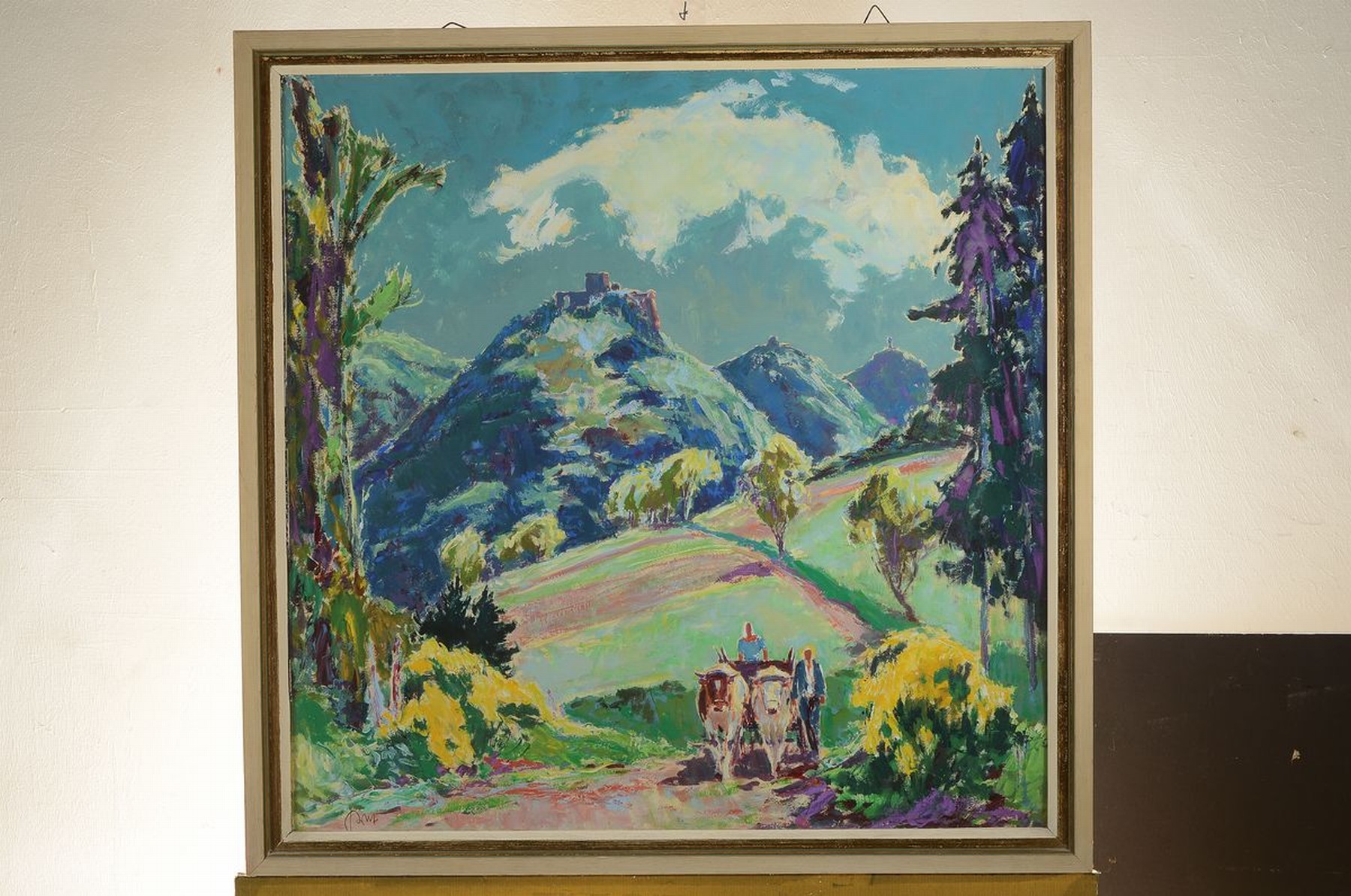 Detail k: Karl Graf, 1902-1986 Speyer, Blick auf Trifels, Anebos und Münz, im Vordergrund Bauer und Ochsenfuhrwerk, Öl/Malkarton, links unten signiert, ca. ...