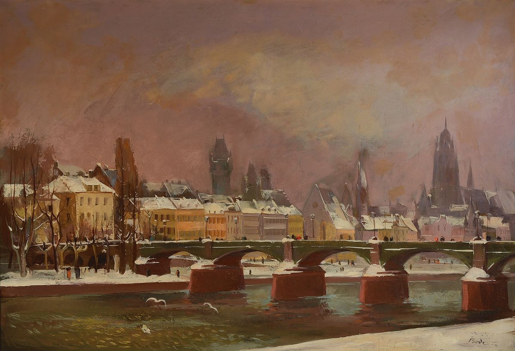 Adolf Bode, 1904 Offenbach - 1970, Studium bei Richard Throll und Ludwig Enders, hier: "Frankfurt im Winter", Panorama von Frankfurt am ...