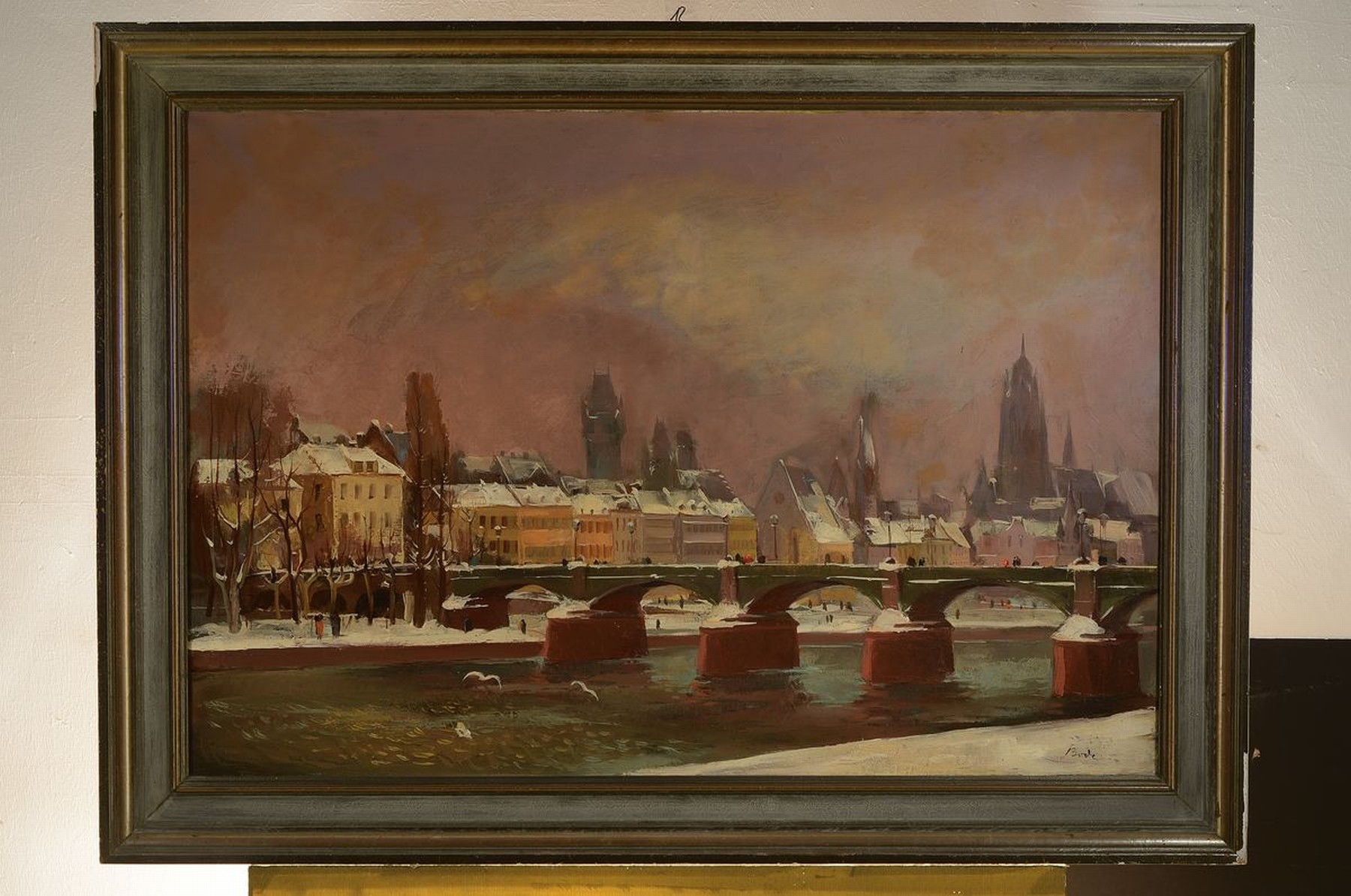 Detail k: Adolf Bode, 1904 Offenbach - 1970, Studium bei Richard Throll und Ludwig Enders, hier: "Frankfurt im Winter", Panorama von Frankfurt am ...