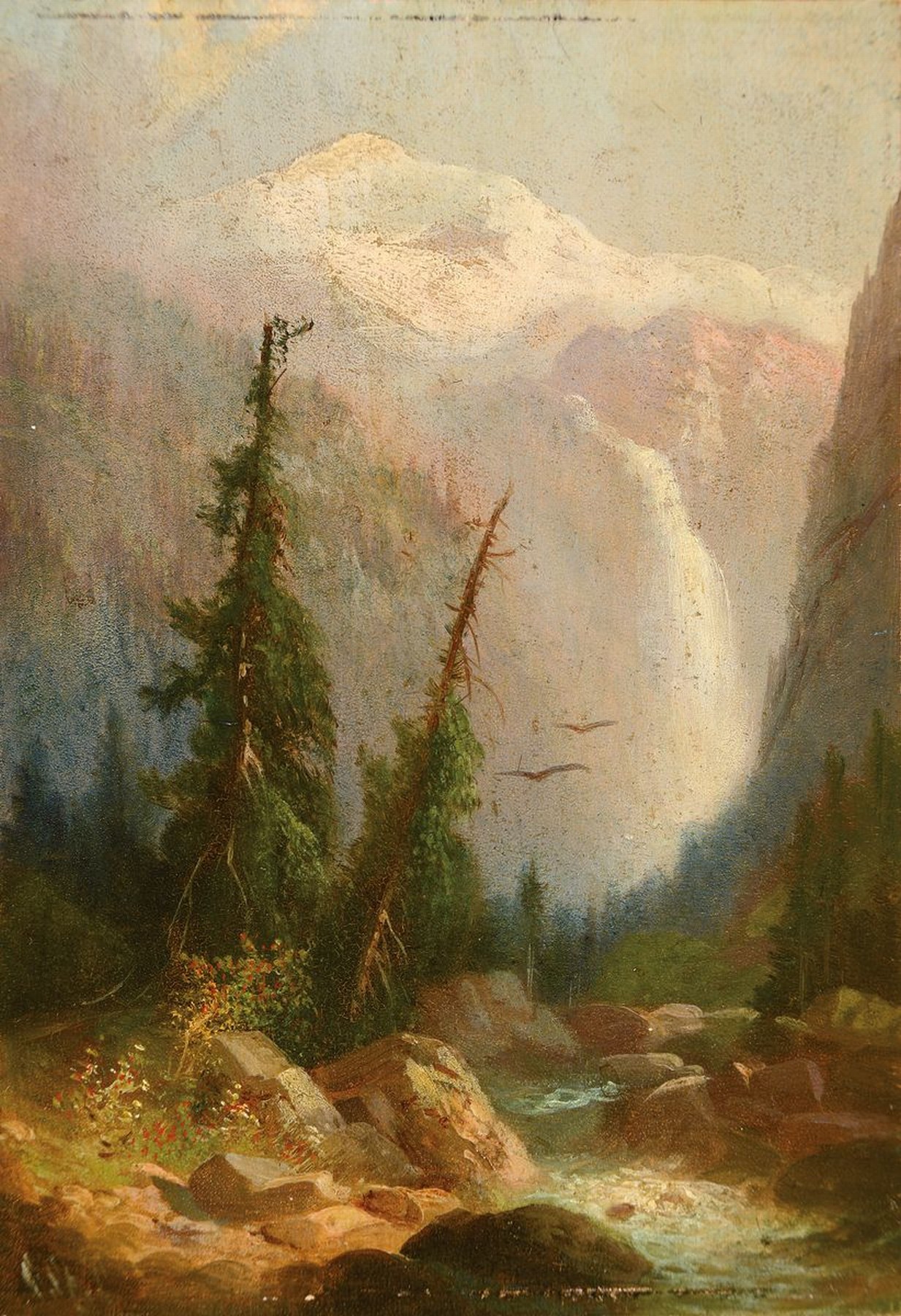 Zuschreibung: Adolf Stäbli, Winterthur 1842- 1901, Schmadribachfall, feine Landschaftsmalerei auf Holzplatte, schöne Lichtführung, unsigniert, ...