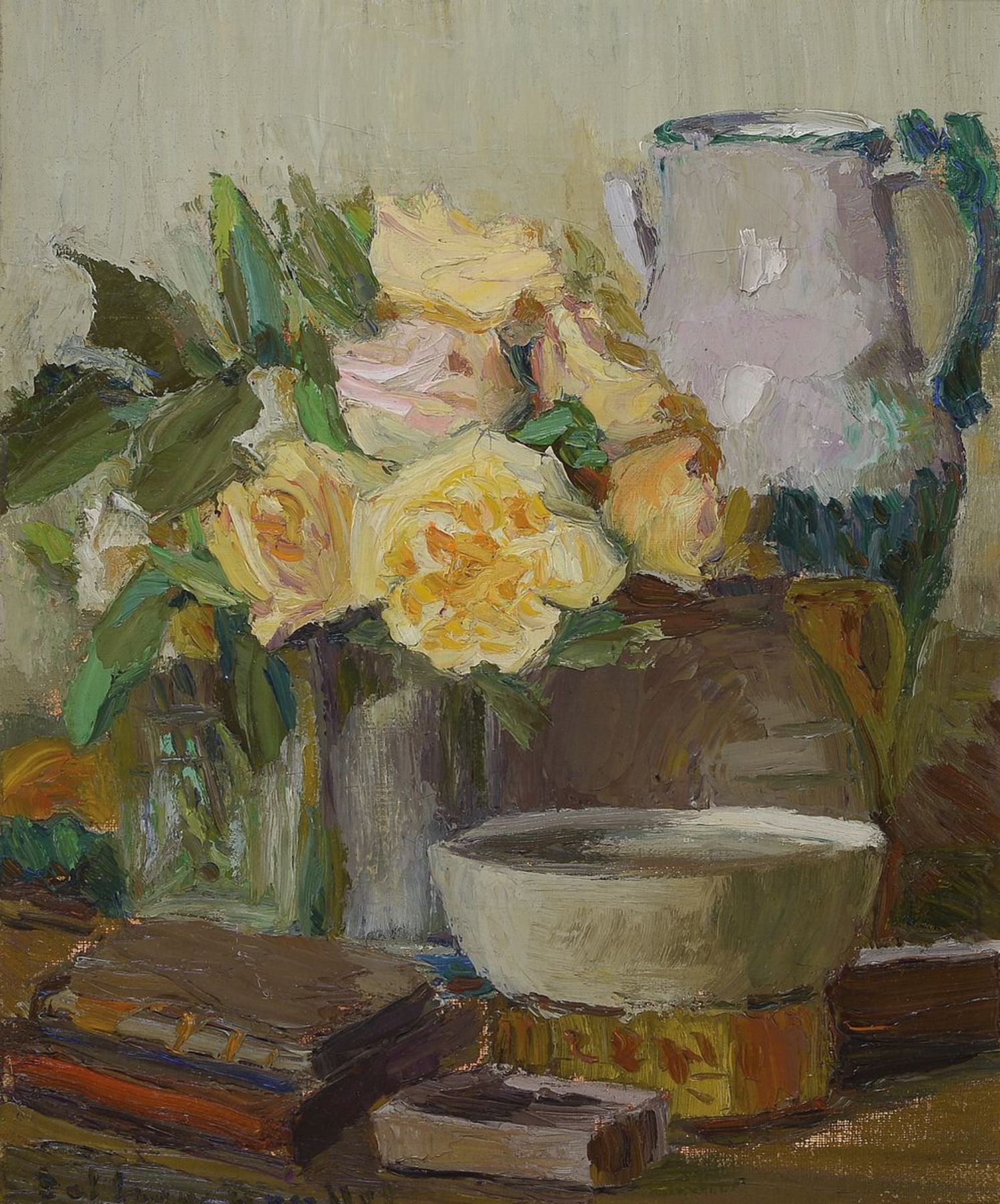 Niederländischer Künstler, 20/30er Jahre, Stillleben mit Rosen und Büchern, Öl/Lwd, li. unten signiert, ca. 46 x 37 cm, Rahmen
