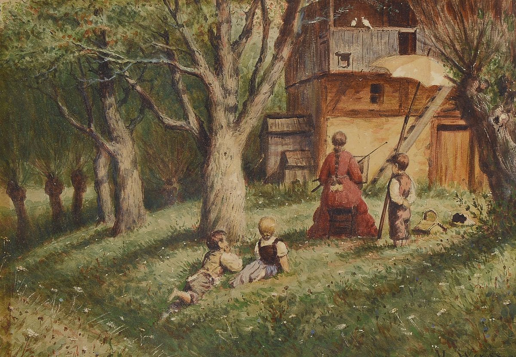Max Weese, 1855 - 1933, Malerin im Garten mit Kindern, Aquarell/Papier, re. unten signiert, ca. 22 x 32 cm, unter Glas, Rahmen