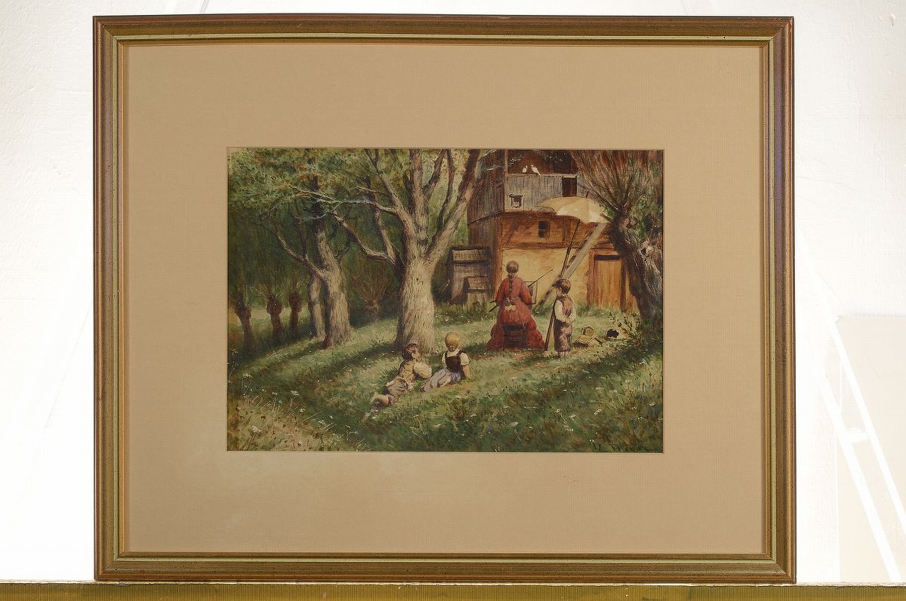 Detail k: Max Weese, 1855 - 1933, Malerin im Garten mit Kindern, Aquarell/Papier, re. unten signiert, ca. 22 x 32 cm, unter Glas, Rahmen