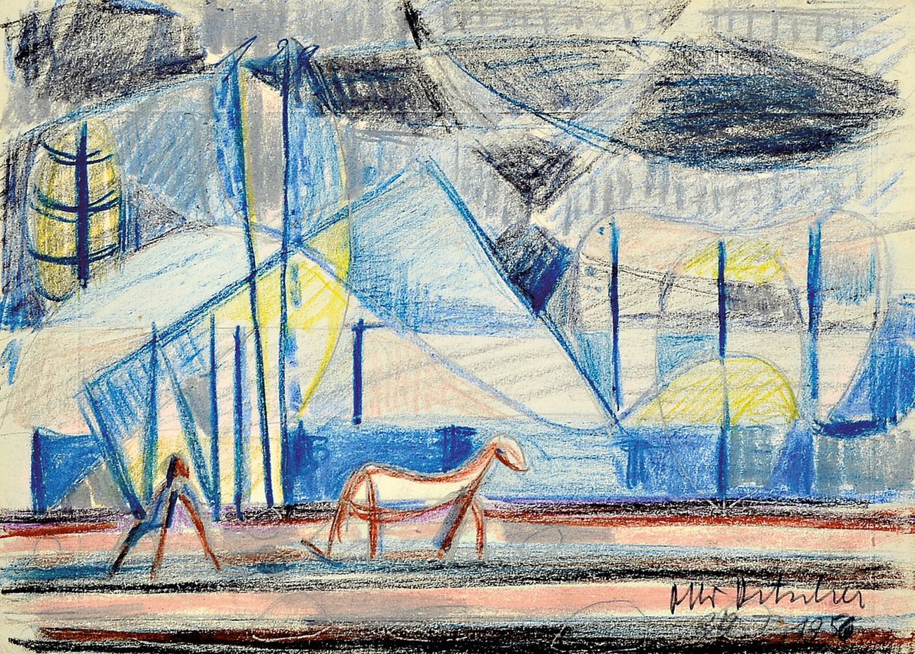 Detail c: Otto Ditscher, 1904 Neuhofen - 1987, abstrahierte Landschaft und Person, Buntstiftzeichnung, signiert und dat. 1956, unter Glas, Rahmen, 15 x 20 cm, ...