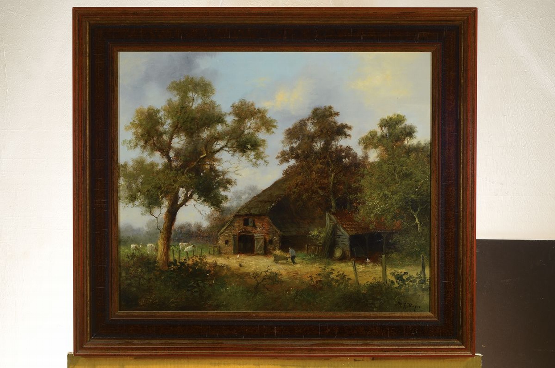 Detail k: A.J. Vegas, Mitte 20. Jh., Landschaft mit Bauernhaus, Bauer und Tieren, Öl/Lwd, re. u. signiert, ca. 50 x 60 cm, Rahmen: 66 x 74.5 cm