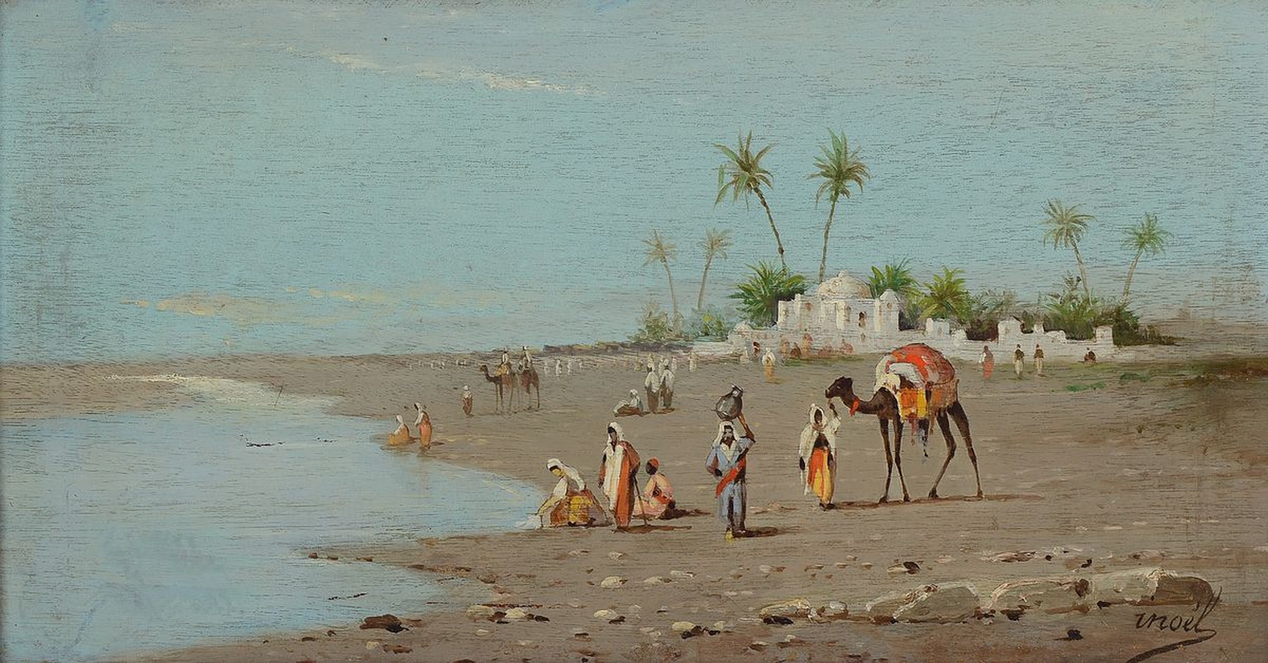 Inoel, Maler des 20.Jh., orientalische Szene am Strand mit Personenstaffagen von Frauen beim Waschen, Wasserträger, sowie Personen mit Kamelen etc., ...