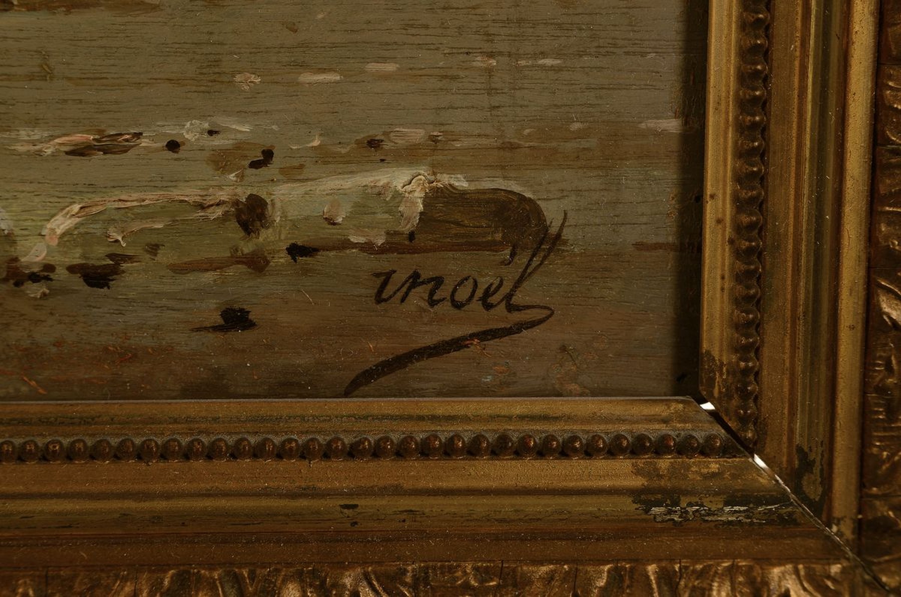 Detail a: Inoel, Maler des 20.Jh., orientalische Szene am Strand mit Personenstaffagen von Frauen beim Waschen, Wasserträger, sowie Personen mit Kamelen etc., ...