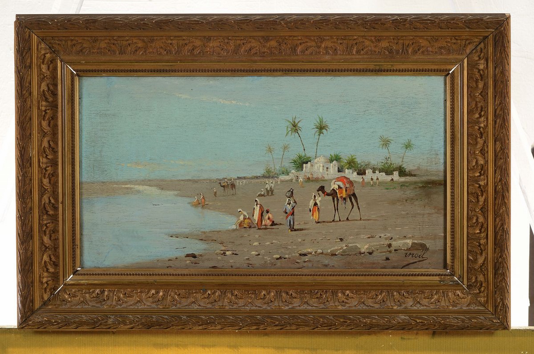 Detail k: Inoel, Maler des 20.Jh., orientalische Szene am Strand mit Personenstaffagen von Frauen beim Waschen, Wasserträger, sowie Personen mit Kamelen etc., ...