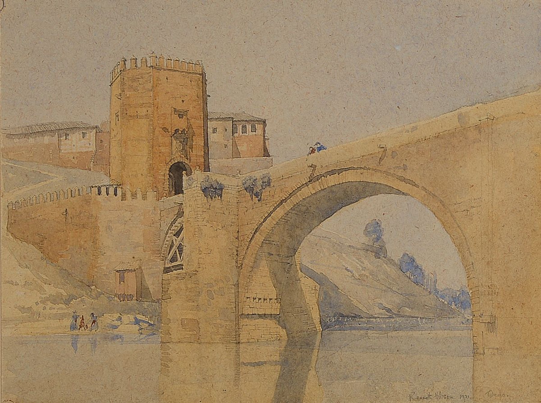 Kenneth Hobson, geb. 1897, die Brücke von Alcantara, Toledo, Spanien, dat. 1921, Aquarell/Papier, rechts unten sign. und datiert, PP, unter Glas, ...