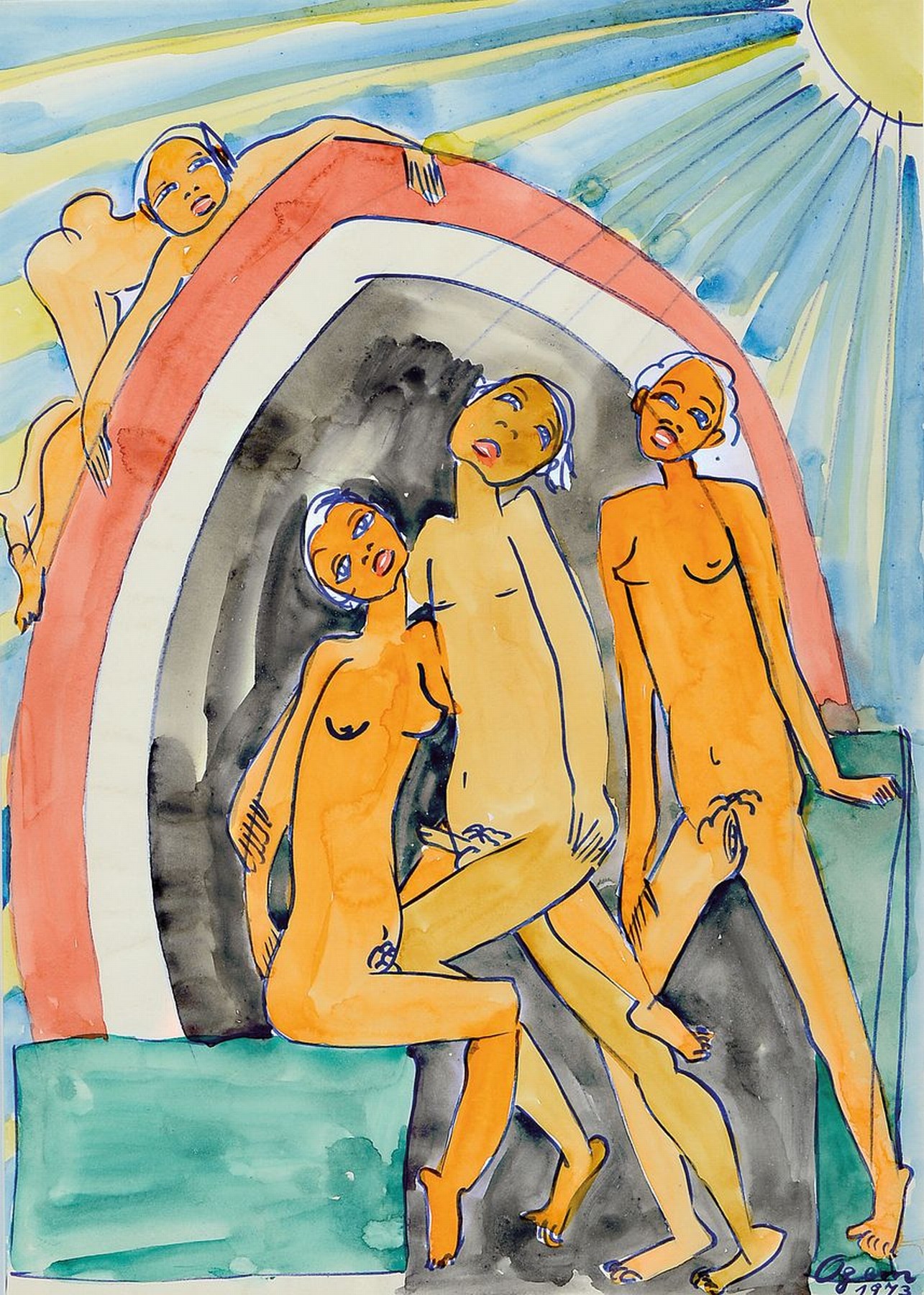 Gertrud Ogem, 1919 - 1985, expressionistisches Aquarell, handsigniert, "Akte im Sonnenschein", signiert und dat. 1973, Papier, Berliner ...