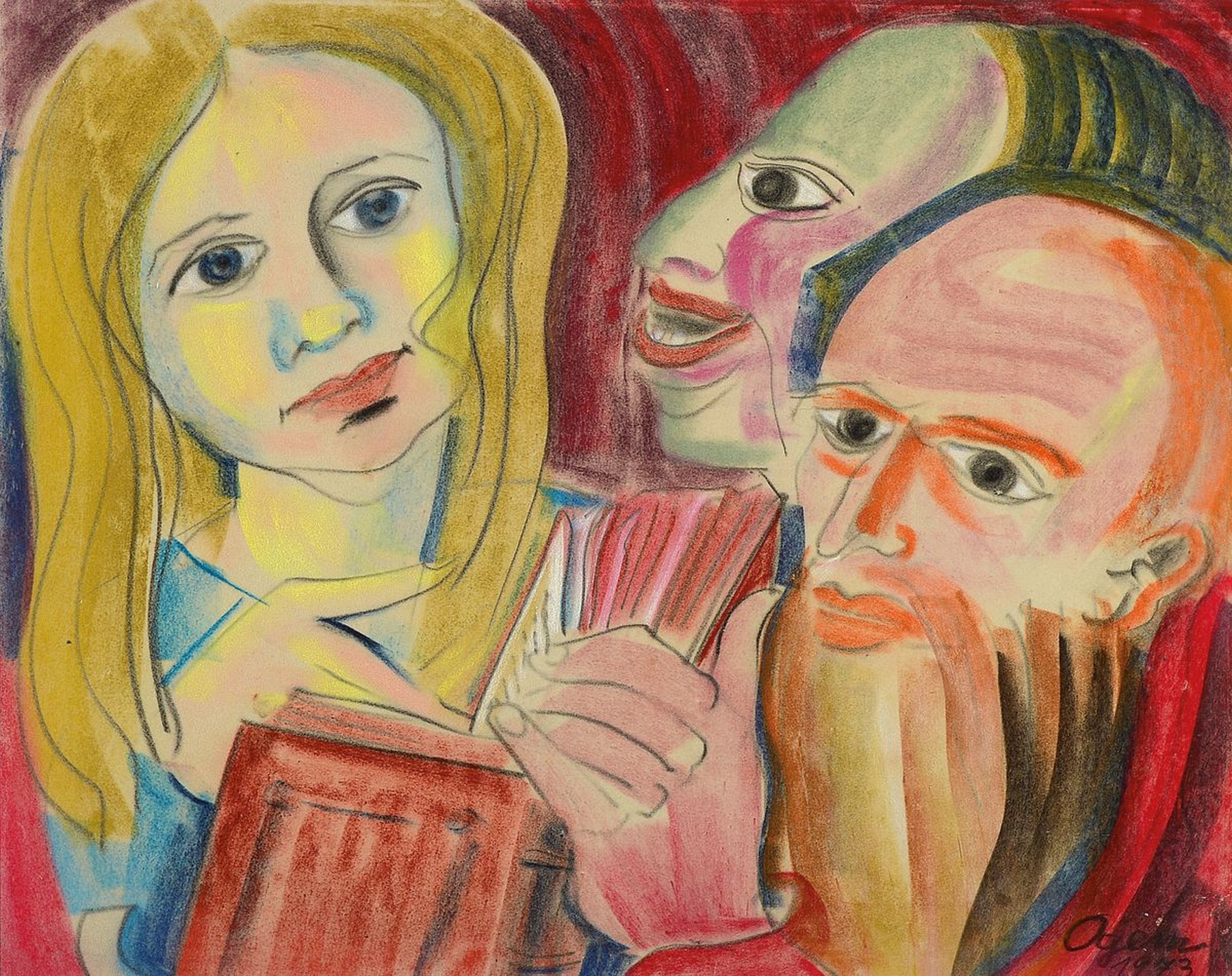 Gertrud Ogem, 1919 - 1985, expressionistisches, Pastell/Papier, Lesende, , signiert und dat. 1973, Berliner Künstlerin, PP. ca. 39.5 x 50cm, unter ...