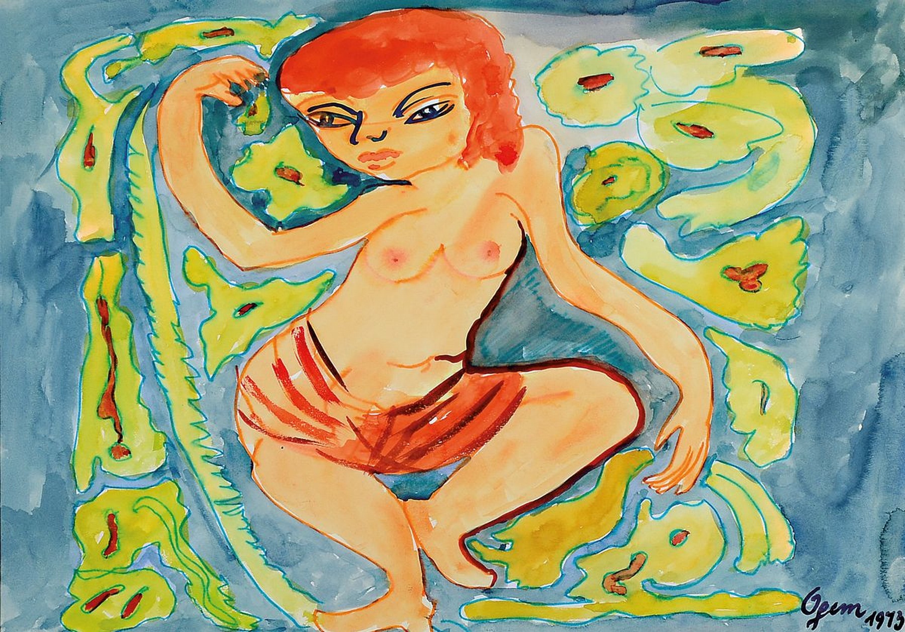 Gertrud Ogem, 1919 - 1985, expressionistisches Aquarell,/Mischtechnik/ Papier , signiert und dat. 1973, Berliner Künstlerin, PP. ca. 29 x 41cm, ...