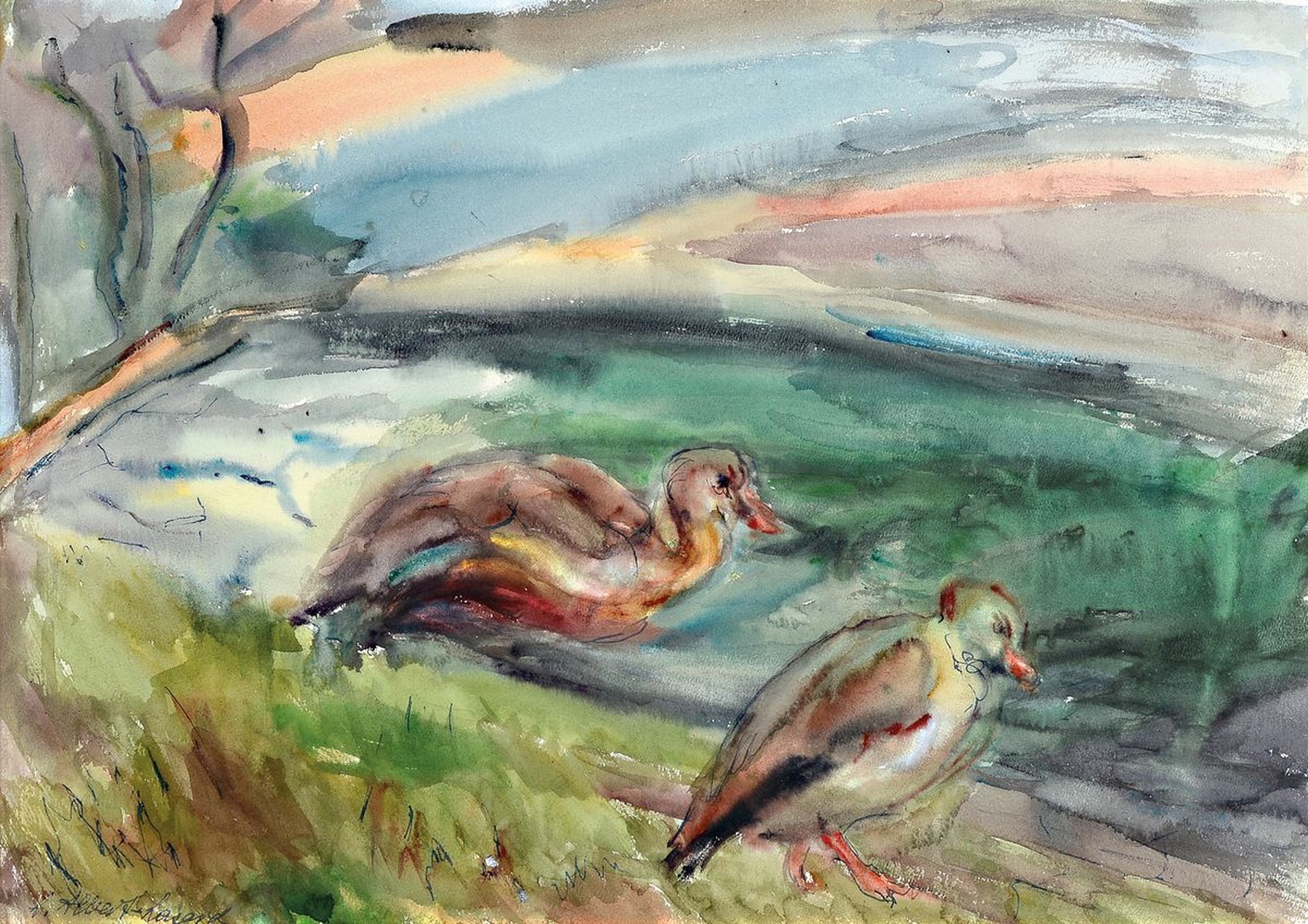 Loulou Albert-Lasard, 1885 Metz - 1969 Paris, "Canards", Aquarell/Papier, handsigniert, ca. 39 x 55 cm, unter Glas, Rahmen: 46 x 62 cm, ...