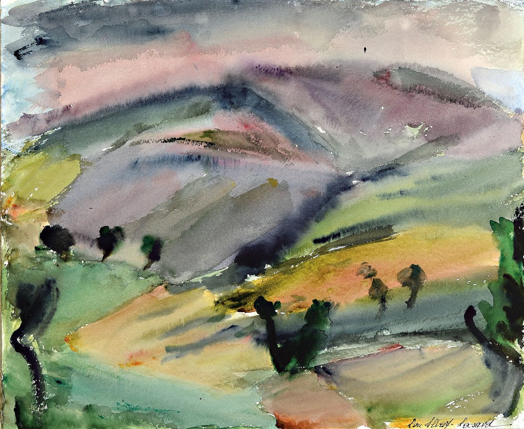 Loulou Albert-Lasard, 1885 Metz - 1969 Paris, südliche Landschaft "Ombrie", Aquarell/Papier,handsigniert, ca. 38 x 46 cm, Rahmen, verso ...